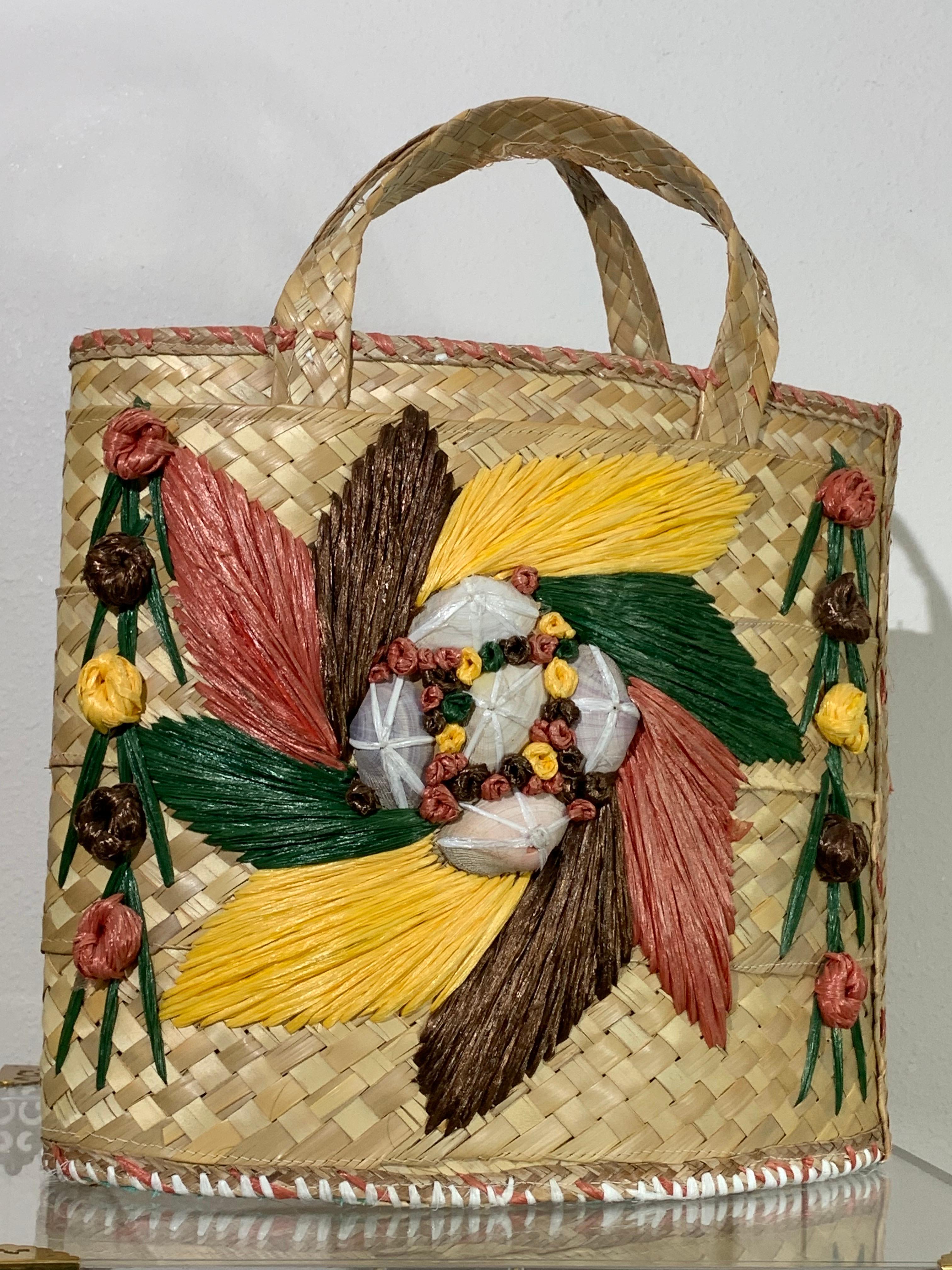 1960s Souvenir Embroidered Raffia Bucket Bag w/ Coordinating Straw Sun Hat 2