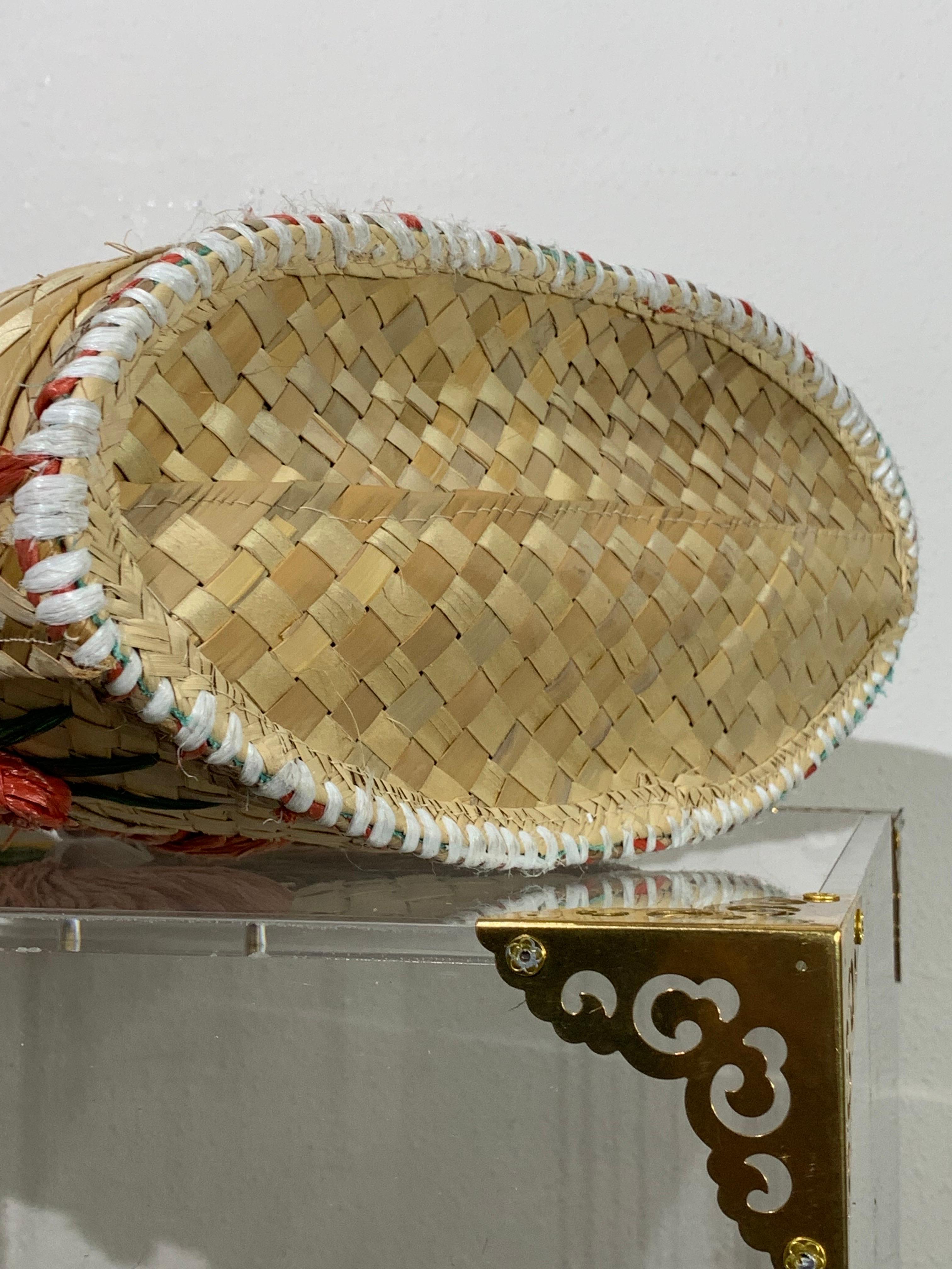 1960s Souvenir Embroidered Raffia Bucket Bag w/ Coordinating Straw Sun Hat 3
