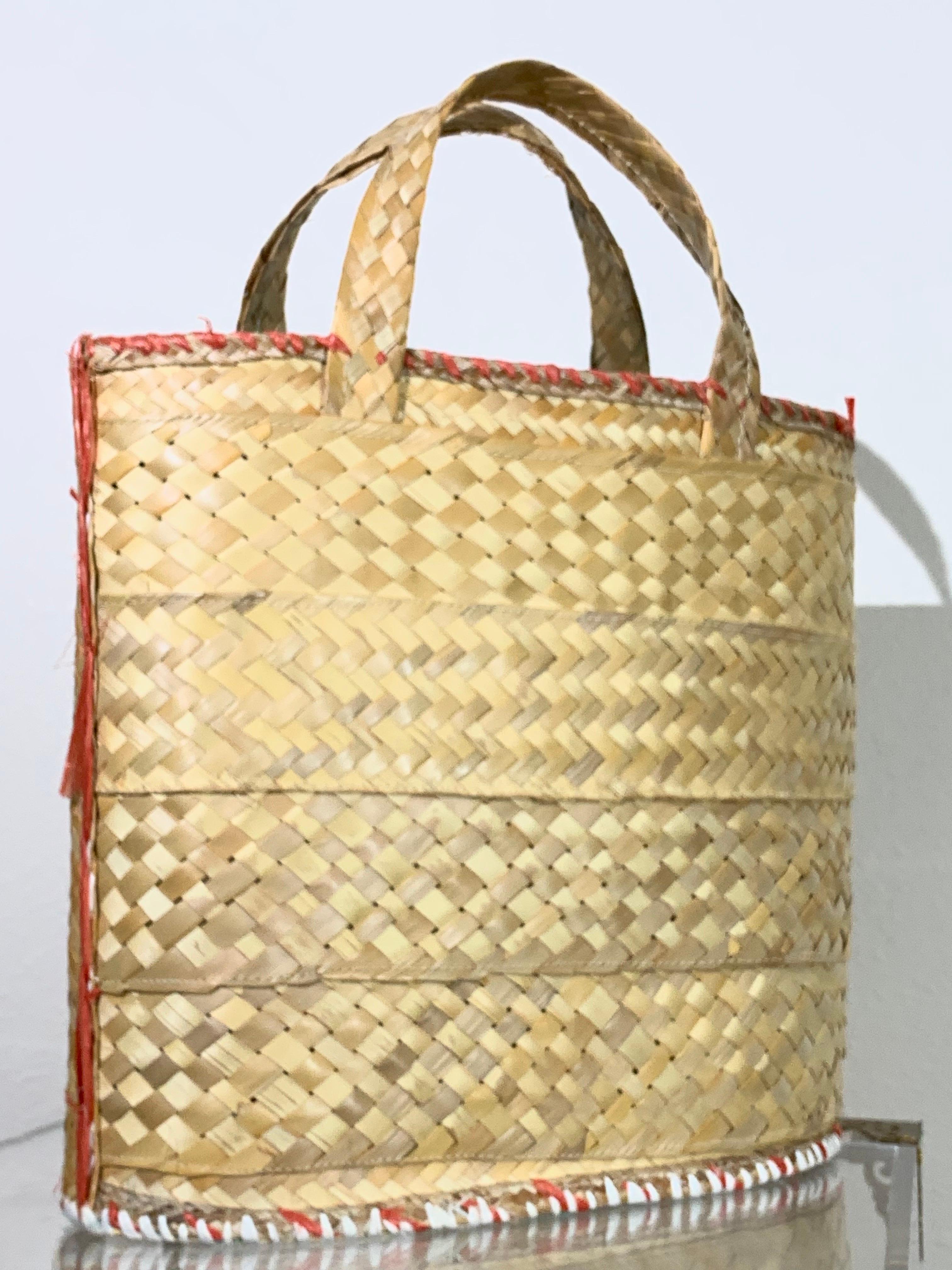1960s Souvenir Embroidered Raffia Bucket Bag w/ Coordinating Straw Sun Hat 4