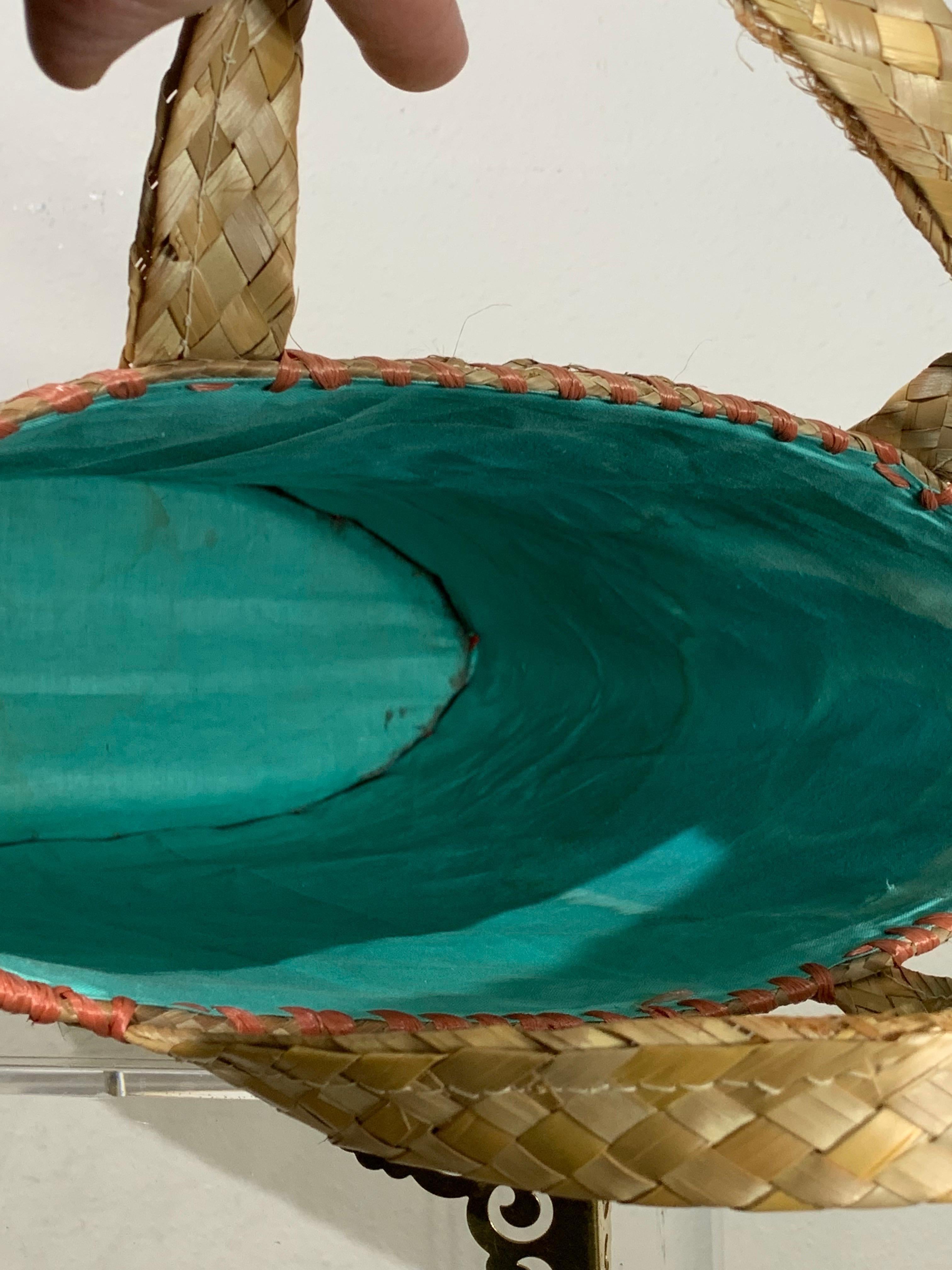 1960s Souvenir Embroidered Raffia Bucket Bag w/ Coordinating Straw Sun Hat 5