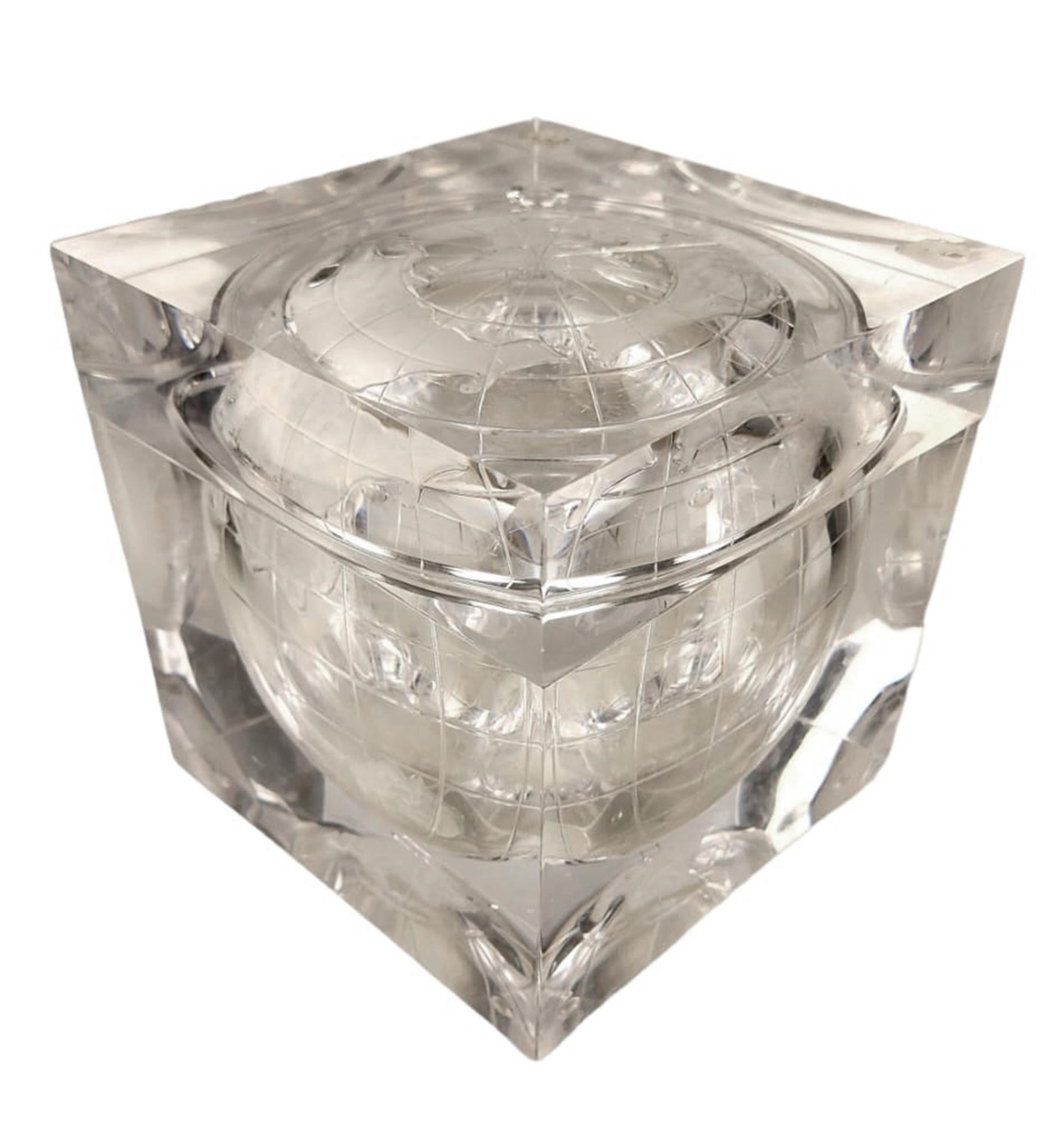 1960s Space Age translucent acrylic/synthetic/plastic world globe cubic ice bucket by Alessandro Albrizzi, Italy

By: Alessandro Albrizzi
Material: acrylic, lucite, plastic, synthetic
Technique: cast, molded, polished, etched, carved
Dimensions: 7