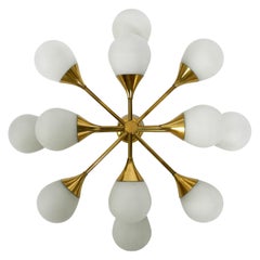 1960s Space Age Atomic Design Brass Ceiling Lamp with 12 Oval Glass Balls