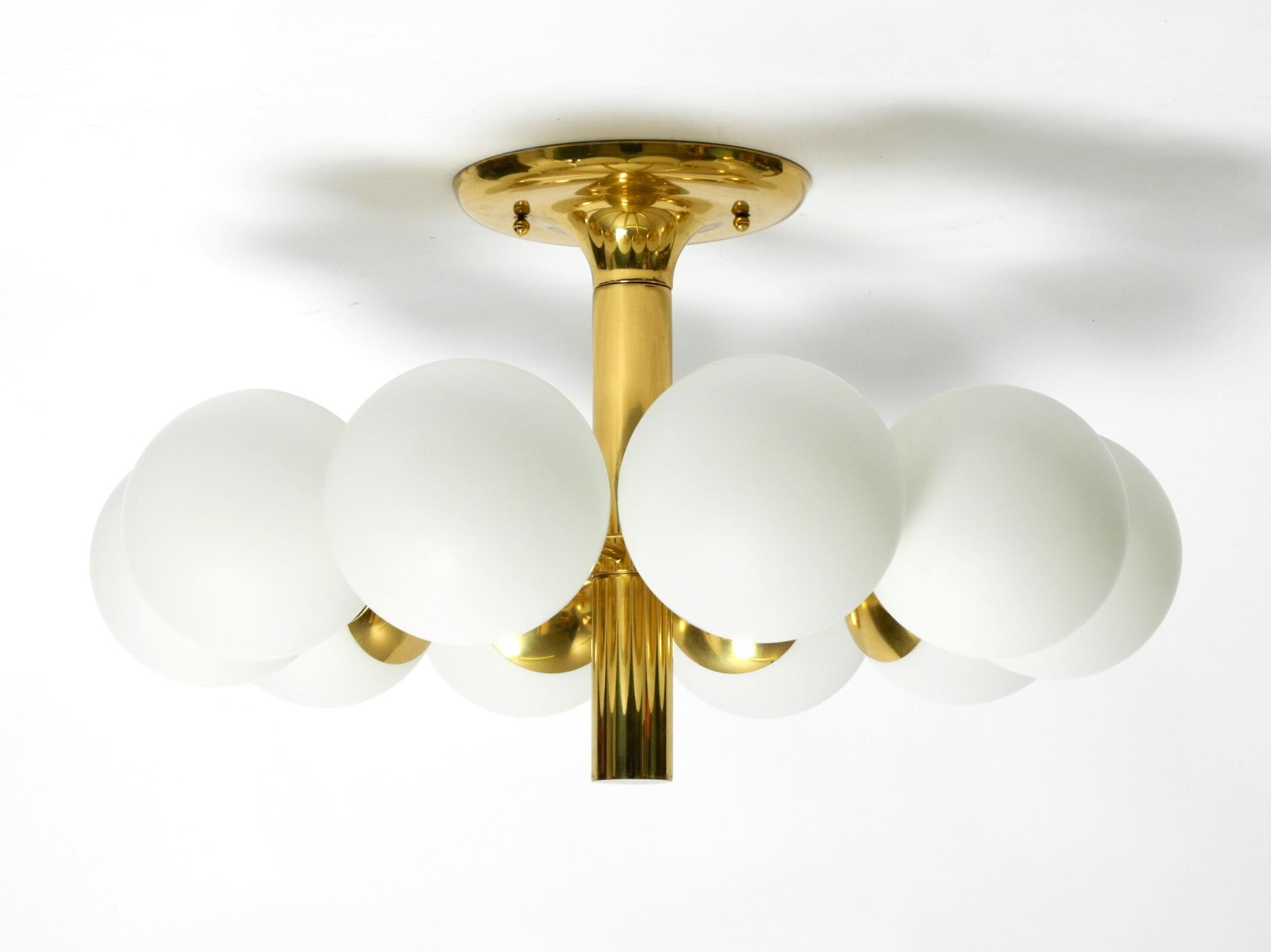 German 1960s Space Age brass ceiling lamp with 10 glass balls by Kaiser Leuchten For Sale