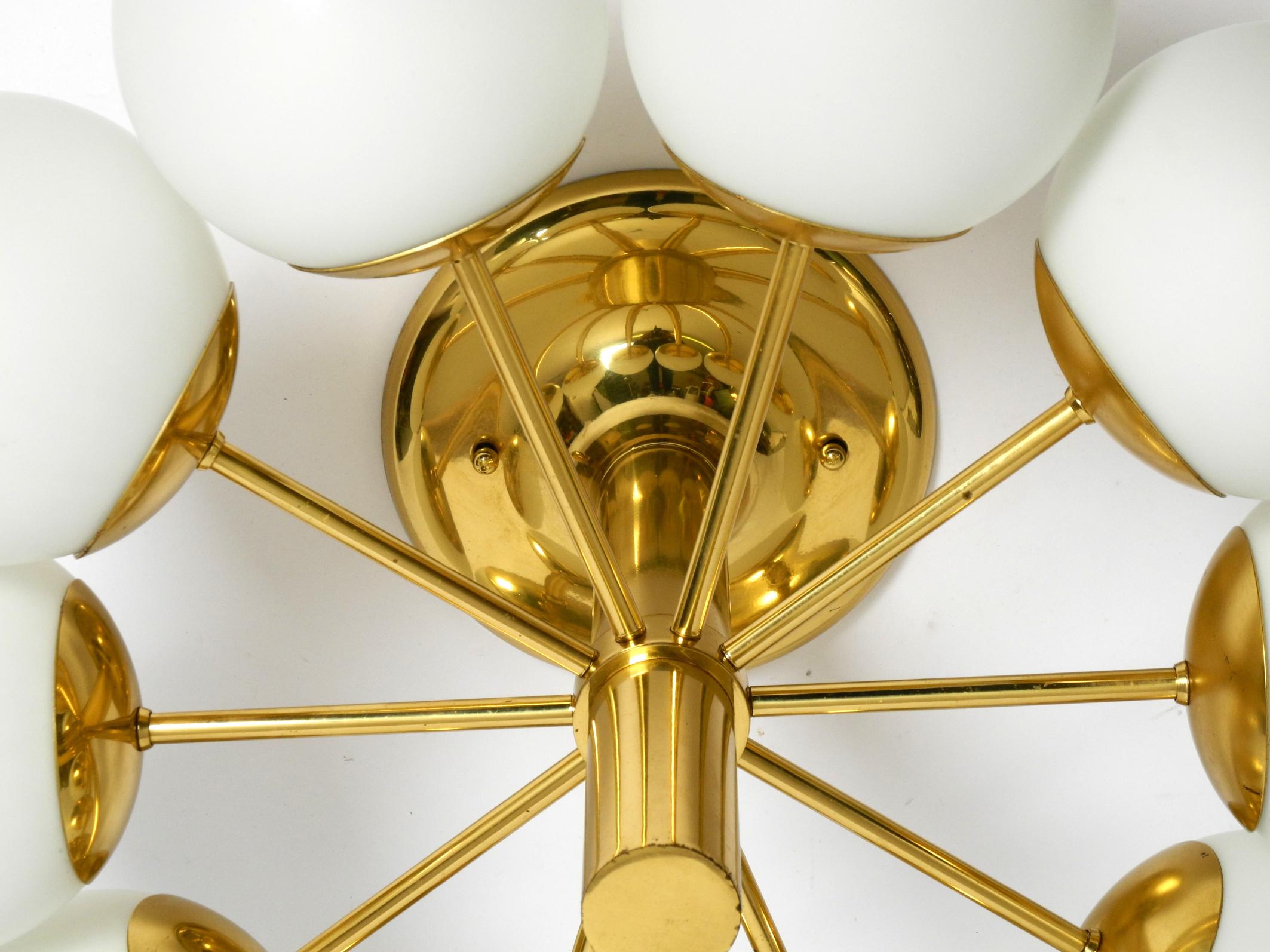 Mid-20th Century 1960s Space Age brass ceiling lamp with 10 glass balls by Kaiser Leuchten For Sale