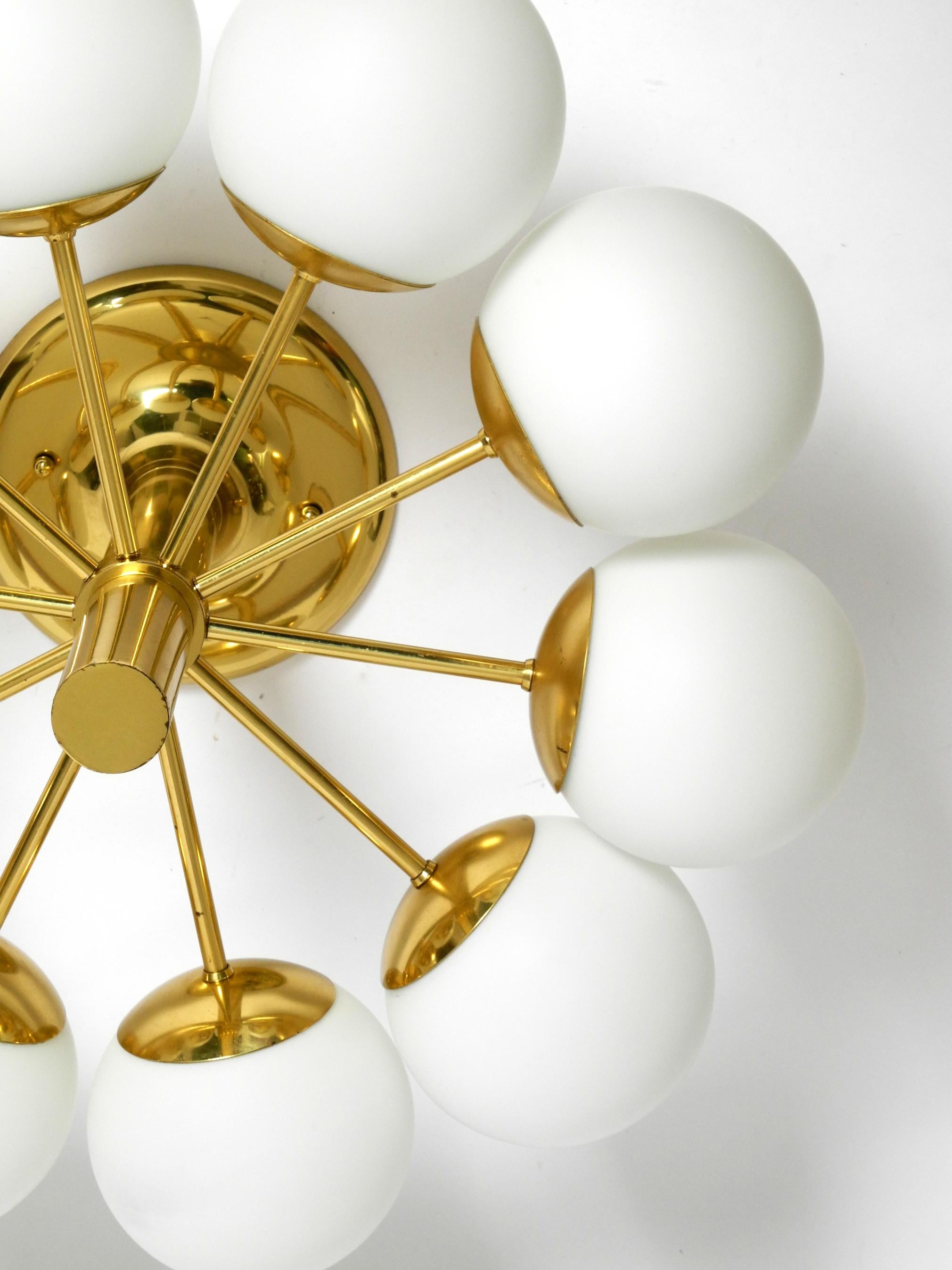 Brass 1960s Space Age brass ceiling lamp with 10 glass balls by Kaiser Leuchten For Sale