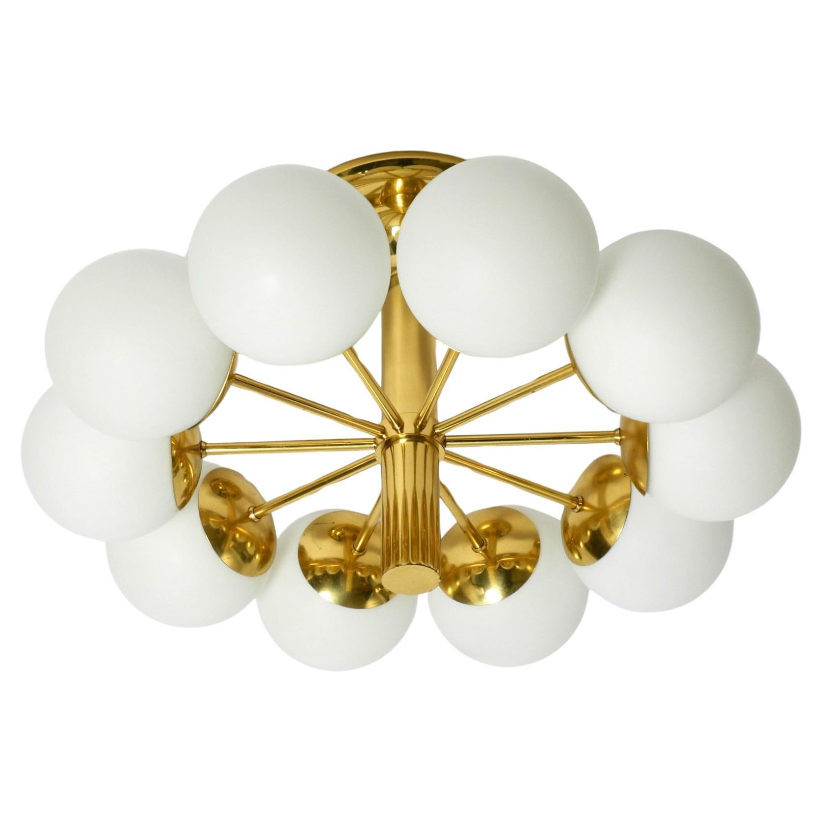1960s Space Age brass ceiling lamp with 10 glass balls by Kaiser Leuchten For Sale