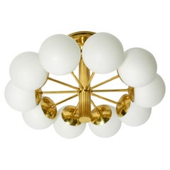1960s Space Age brass ceiling lamp with 10 glass balls by Kaiser Leuchten