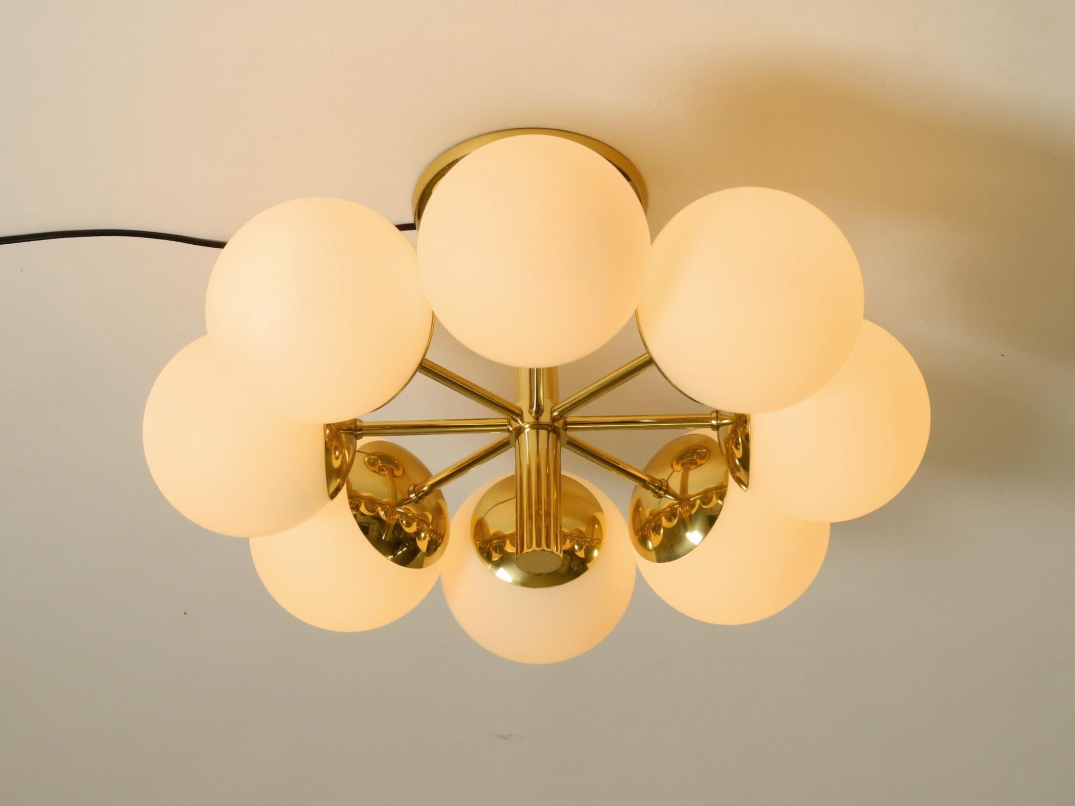 Ottone 1960s Space Age brass ceiling lamp with 8 glass balls by Kaiser Leuchten in vendita