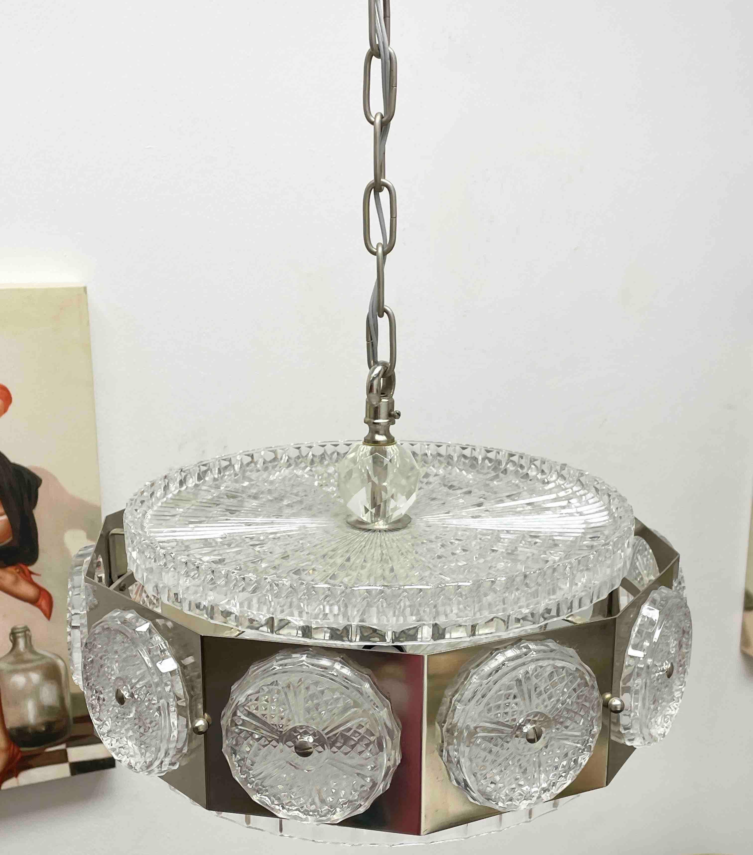 1960s, Space Age Glass and Chrome Chandelier by Carl Fagerlund for Orrefors For Sale 5