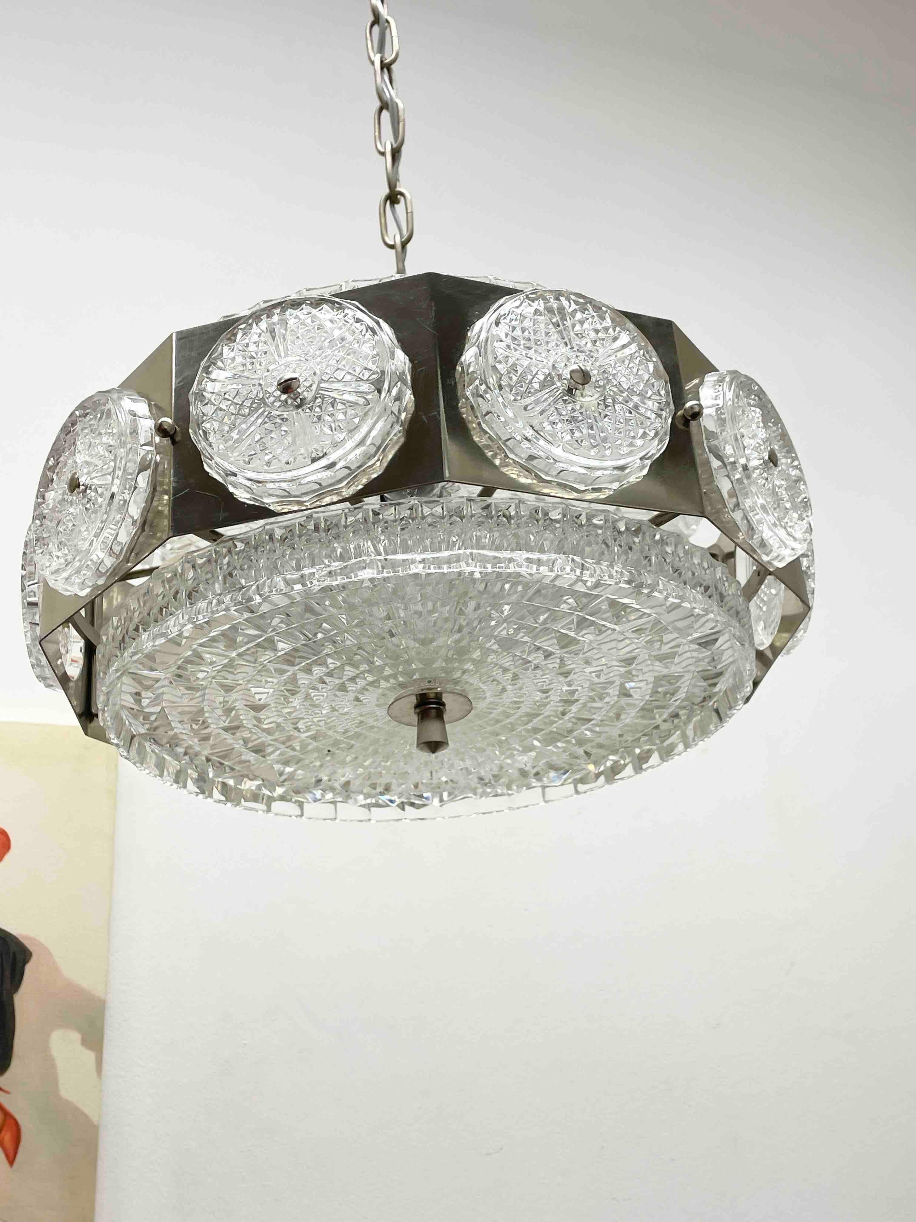 1960s, Space Age Glass and Chrome Chandelier by Carl Fagerlund for Orrefors For Sale 11