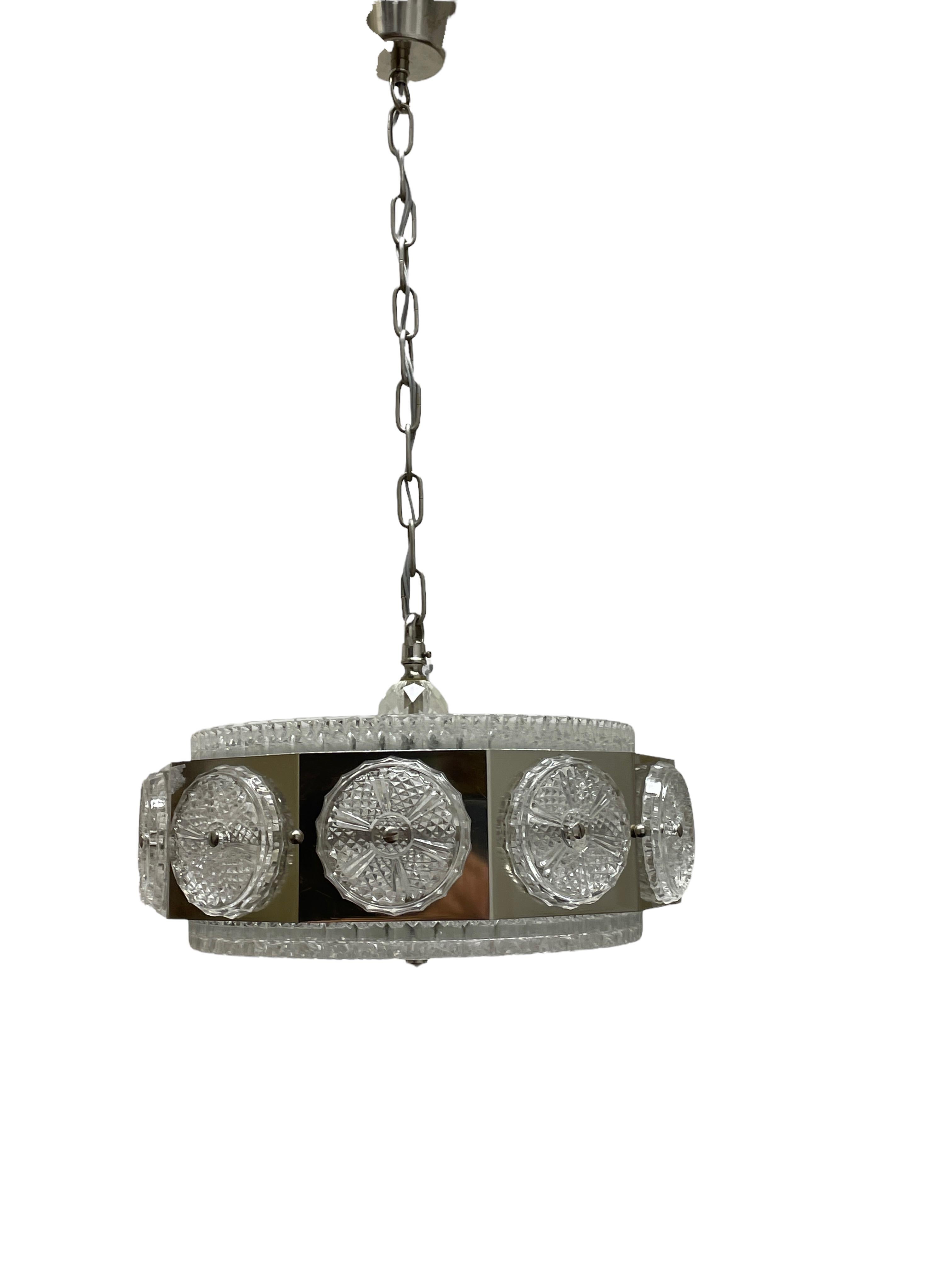 Mid-20th Century 1960s, Space Age Glass and Chrome Chandelier by Carl Fagerlund for Orrefors For Sale