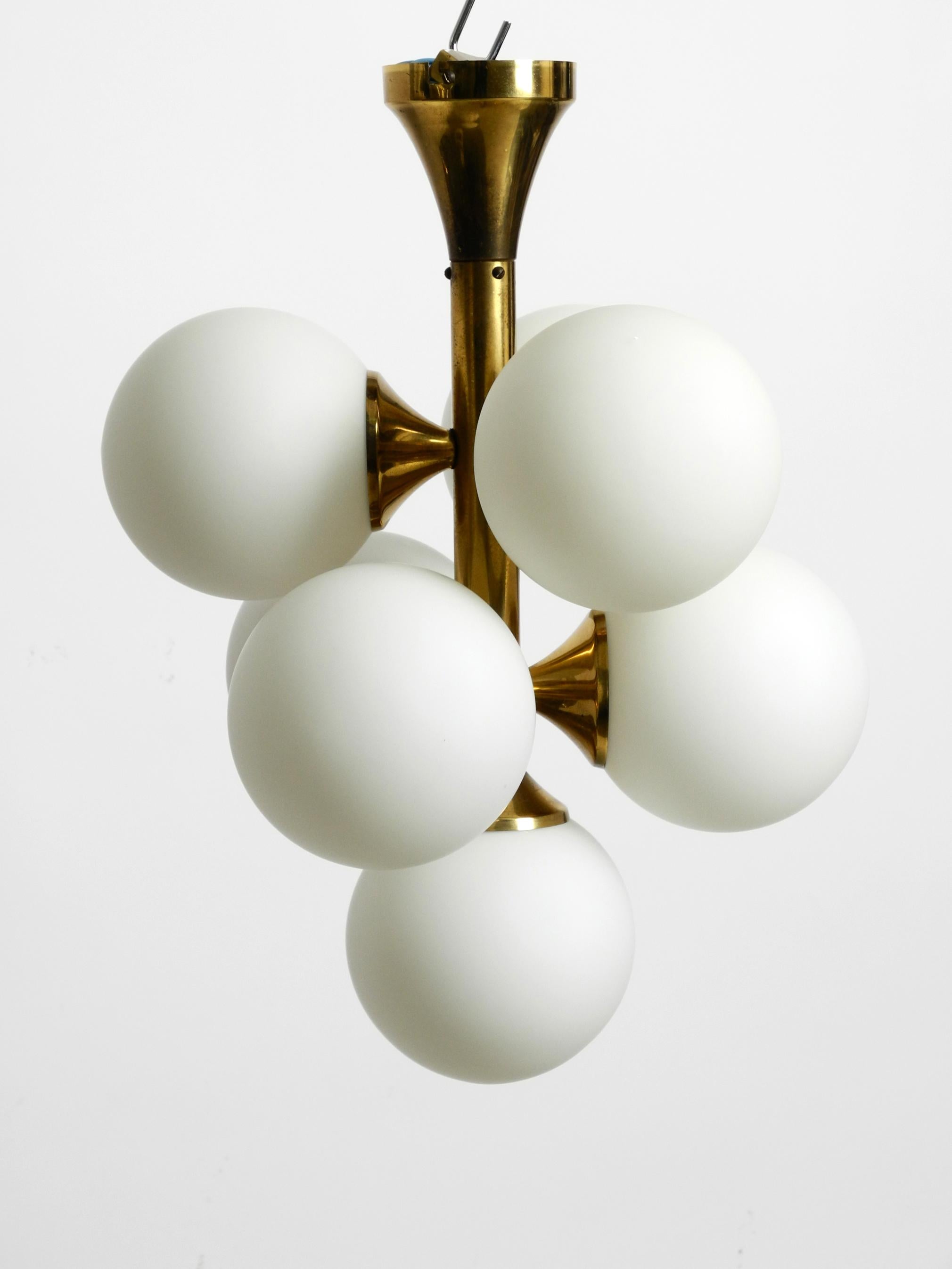 German 1960s Space Age Kaiser Leuchten Brass Ceiling Lamp with 7 Spherical Glass Shades