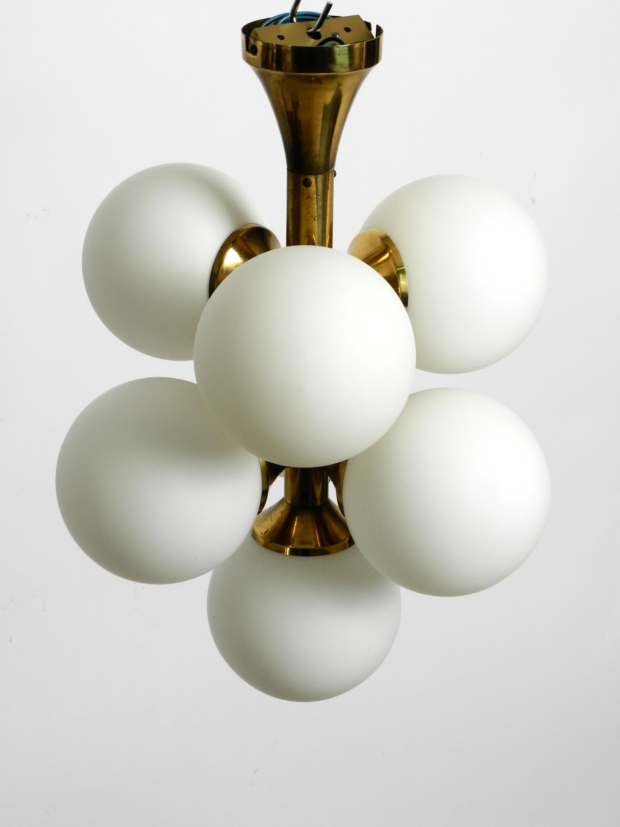 Mid-20th Century 1960s Space Age Kaiser Leuchten Brass Ceiling Lamp with 7 Spherical Glass Shades