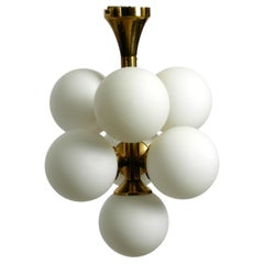 1960s Space Age Kaiser Leuchten Brass Ceiling Lamp with 7 Spherical Glass Shades