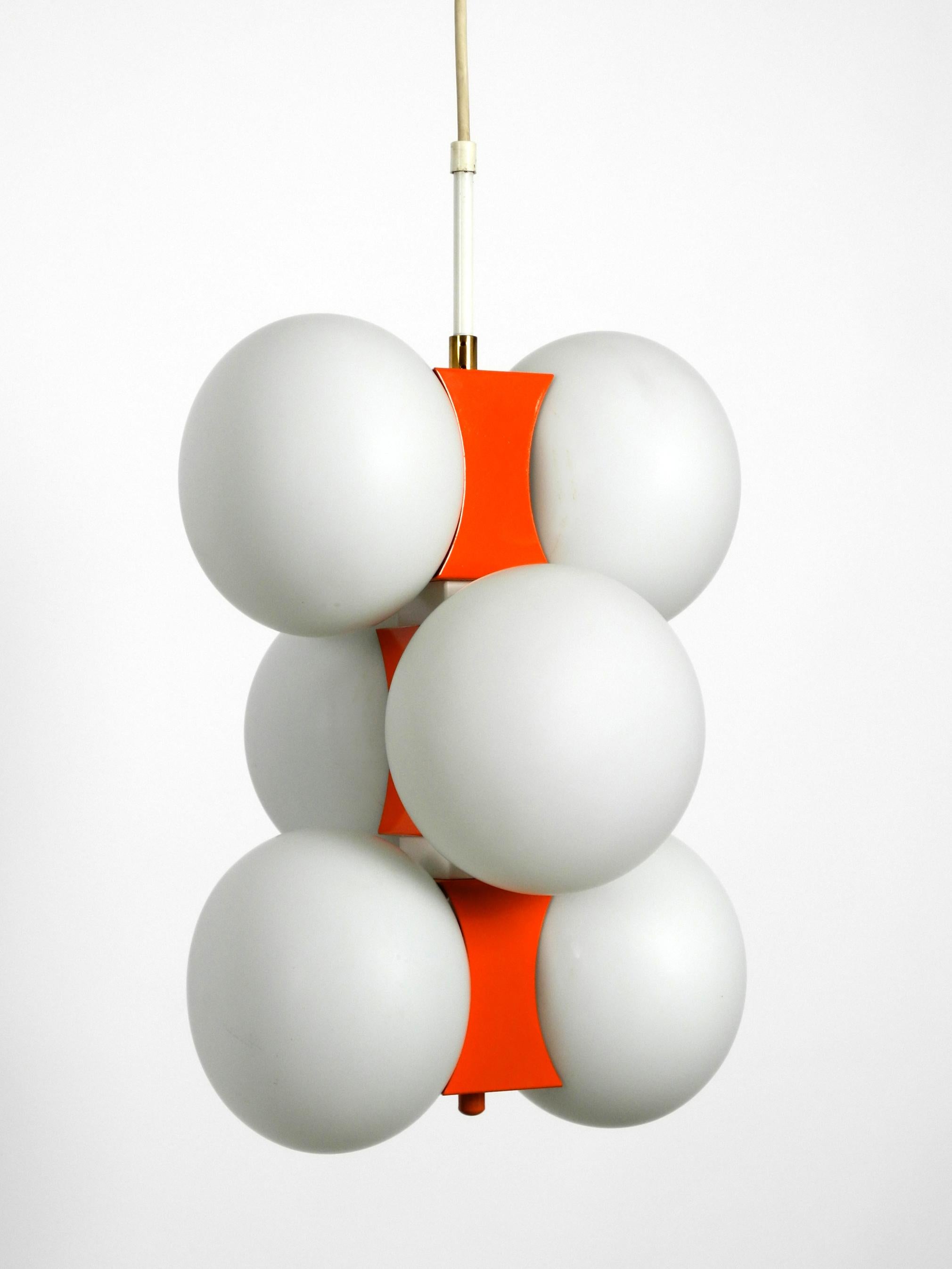 1960s Space Age Orange Kaiser Metal Brass Ceiling Lamp with 6 Opal Glass Balls 4