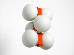 1960s Space Age Orange Kaiser Metal Brass Ceiling Lamp with 6 Opal Glass Balls