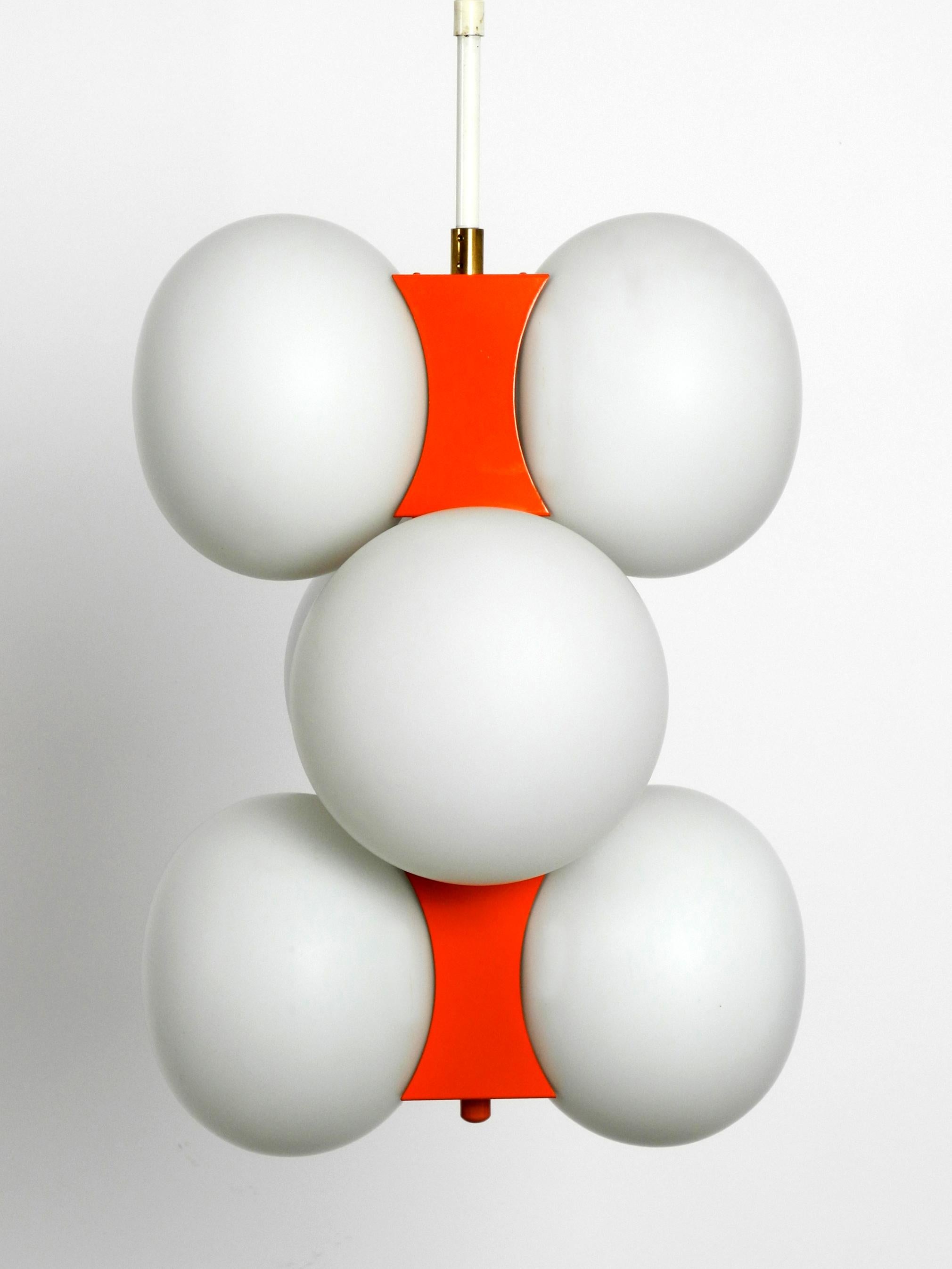German 1960s Space Age Orange Kaiser Metal Brass Ceiling Lamp with 6 Opal Glass Balls