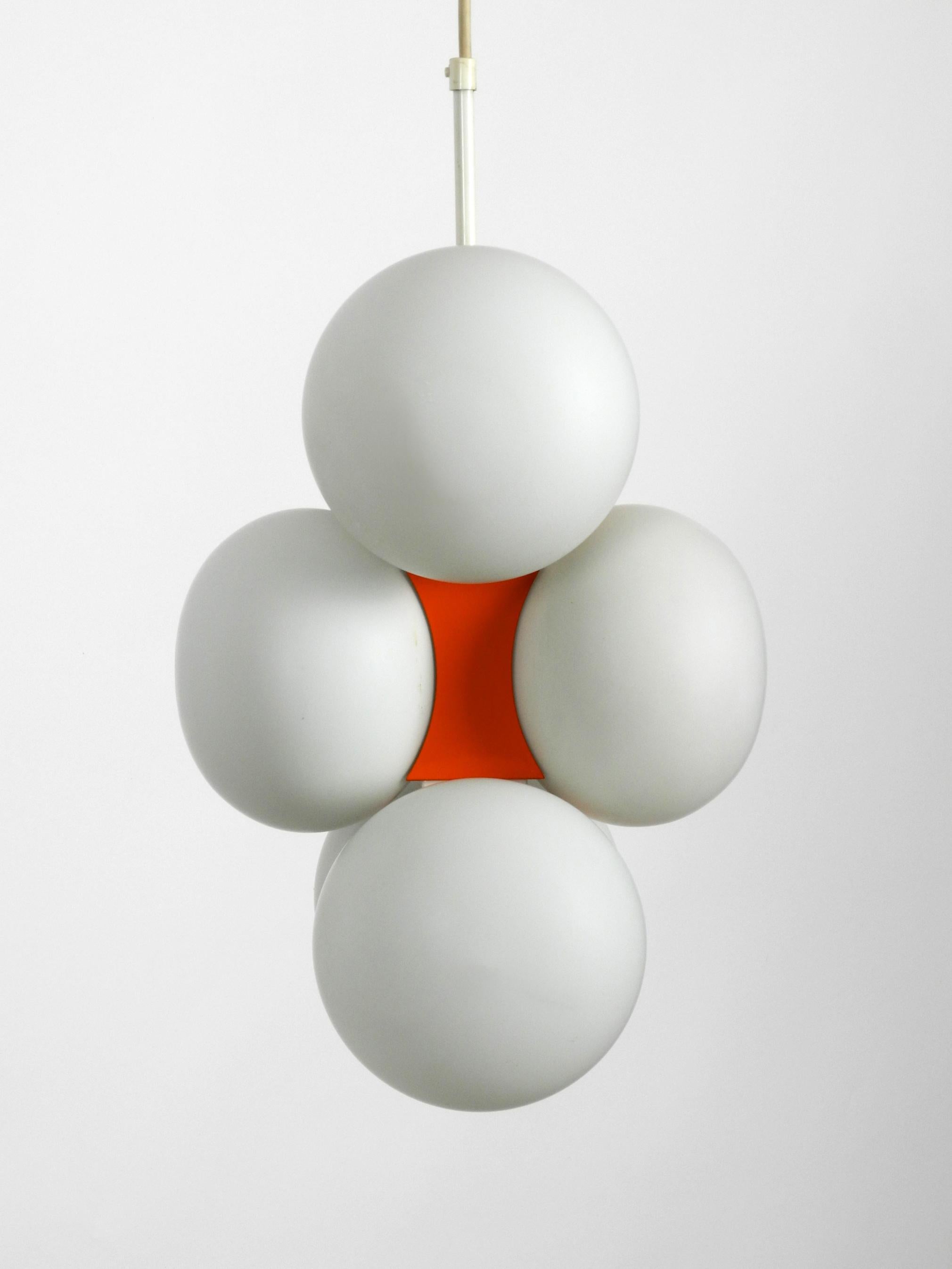 1960s Space Age Orange Kaiser Metal Brass Ceiling Lamp with 6 Opal Glass Balls In Good Condition In München, DE