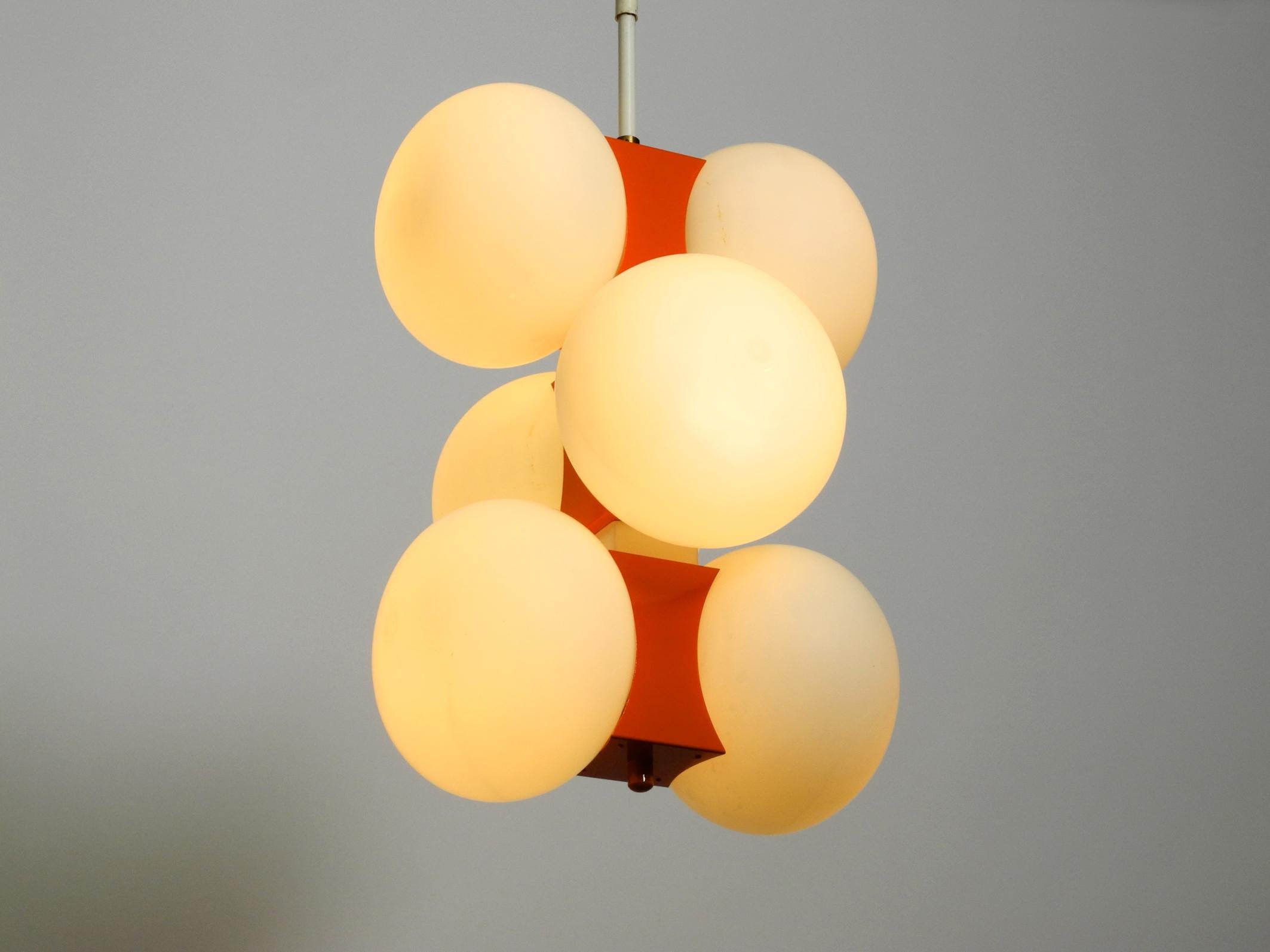 Mid-20th Century 1960s Space Age Orange Kaiser Metal Brass Ceiling Lamp with 6 Opal Glass Balls