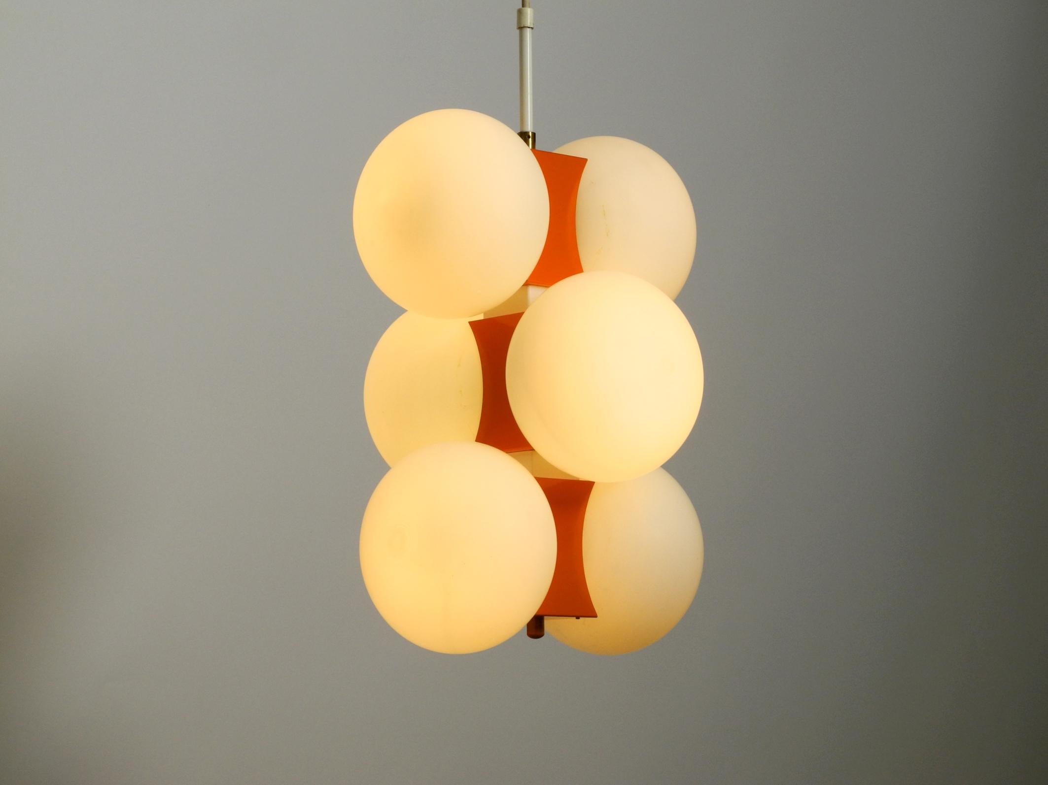 1960s Space Age Orange Kaiser Metal Brass Ceiling Lamp with 6 Opal Glass Balls 1