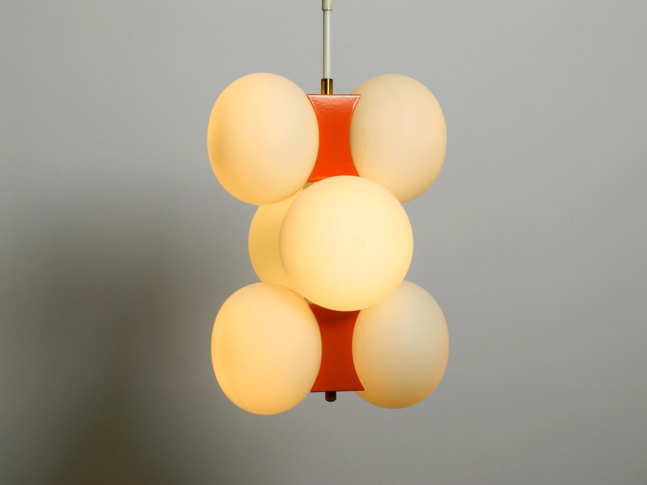 1960s Space Age Orange Kaiser Metal Brass Ceiling Lamp with 6 Opal Glass Balls 2