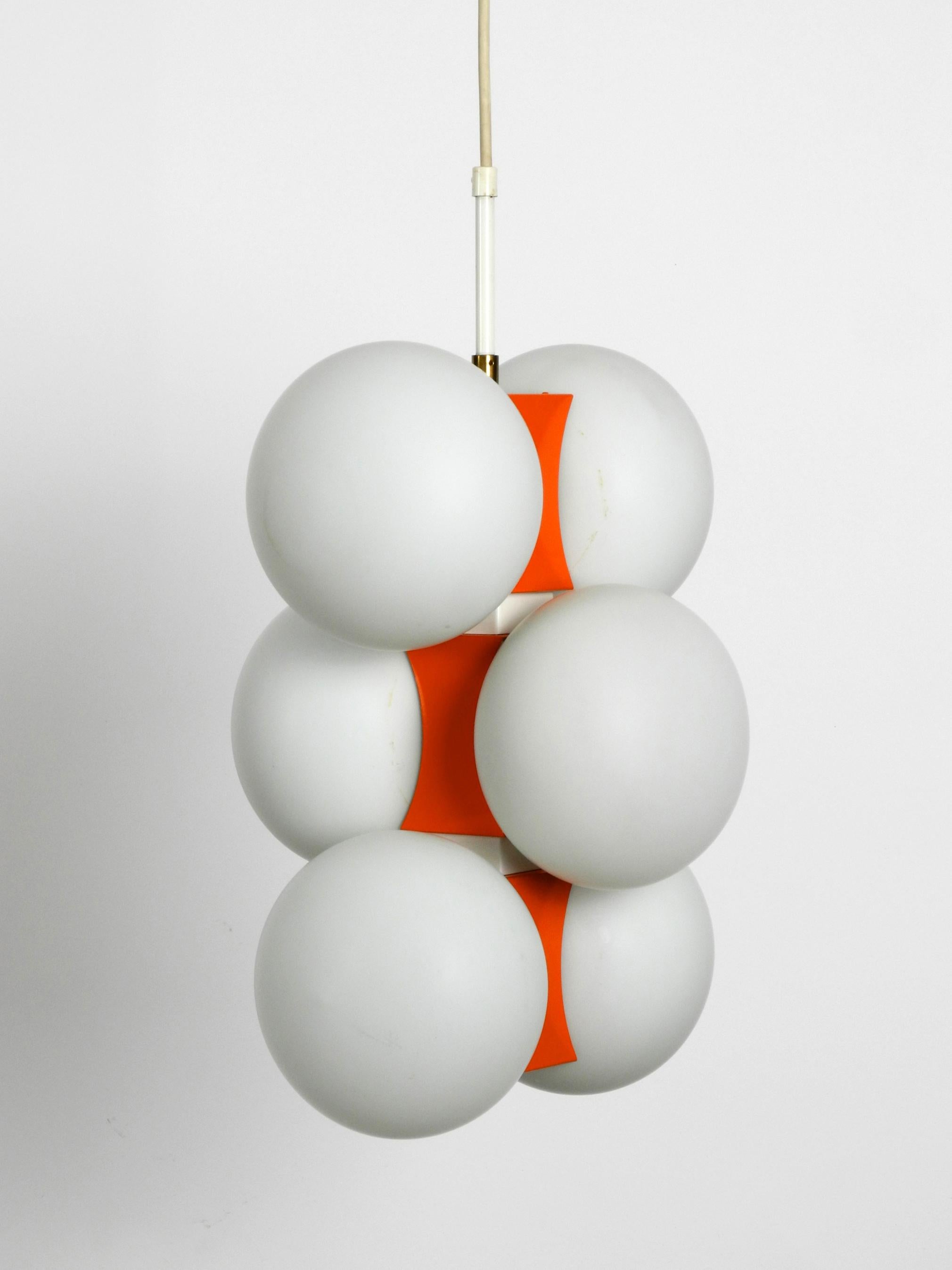 1960s Space Age Orange Kaiser Metal Brass Ceiling Lamp with 6 Opal Glass Balls 3