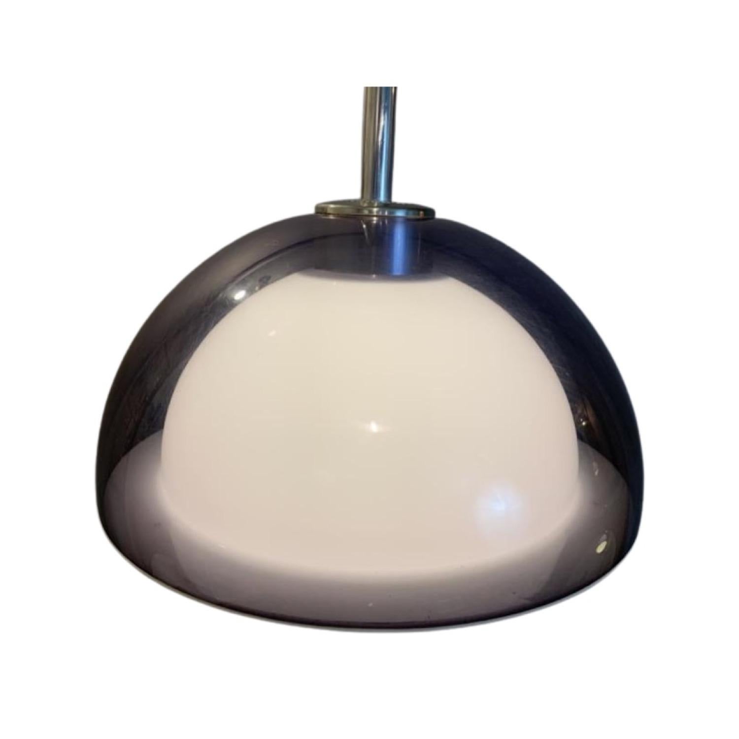1960s, space-age, UFO, ‘Series 3000’ pendant, ceiling, hanging light which was designed by Robert Welch in 1966 and manufactured by Lumitron. 

This mushroom-shaped light consists of an outer see-through violet or light purple perspex shade with