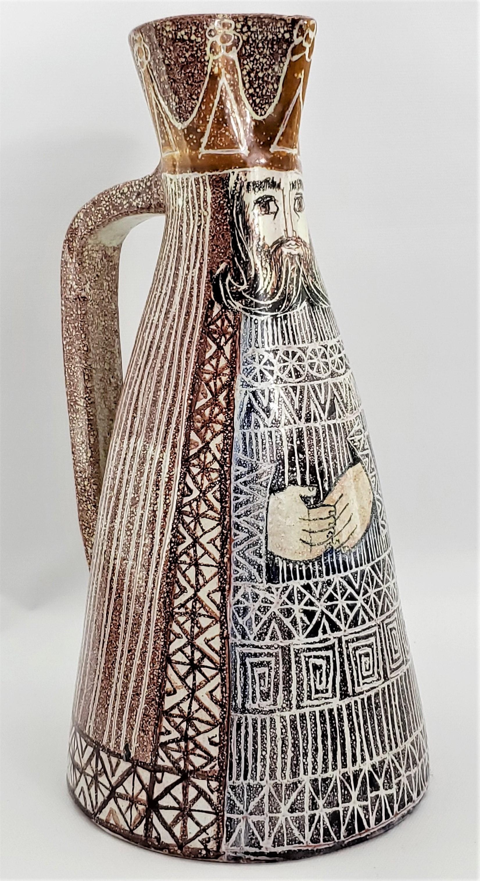 Remarkable Alfaraz decorative pitcher designed by Renowned Spanish ceramicist artists: Miguel DURAN-LORIGA and Jesus MARTITEGUI, circa 1960s. This particular pitcher was never used and is considered 