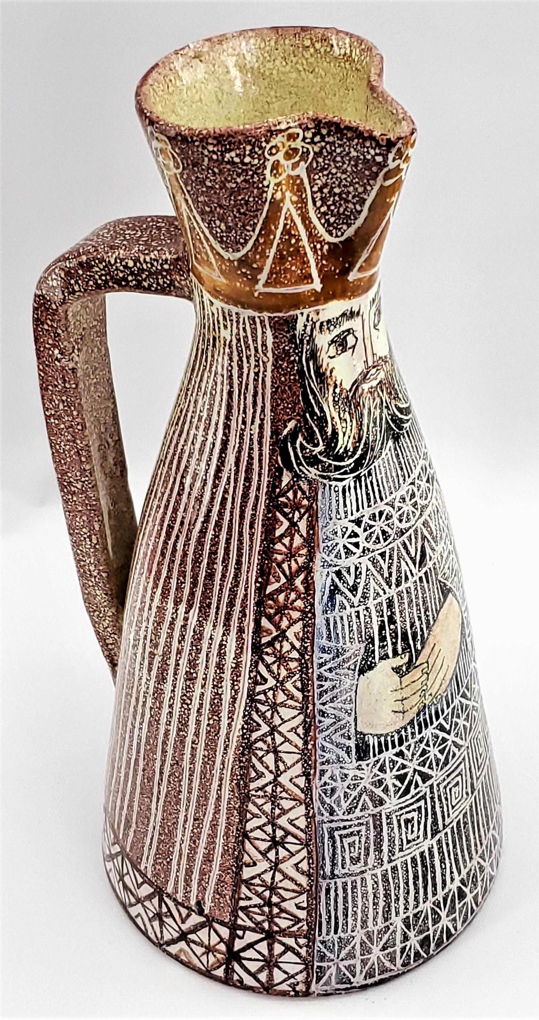 1960s Spanish Alfaraz Terracotta Hand Painted Decorative Water Pitcher Signed In Excellent Condition For Sale In Miami, FL
