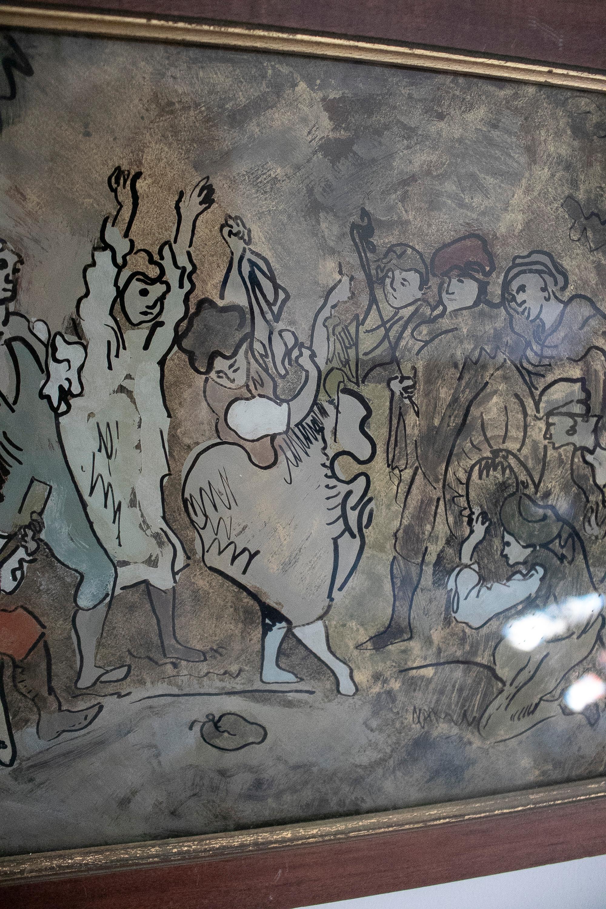 1960 Andalusia spagnola Flamenco Fiesta Pittura su vetro con persone in vendita 6