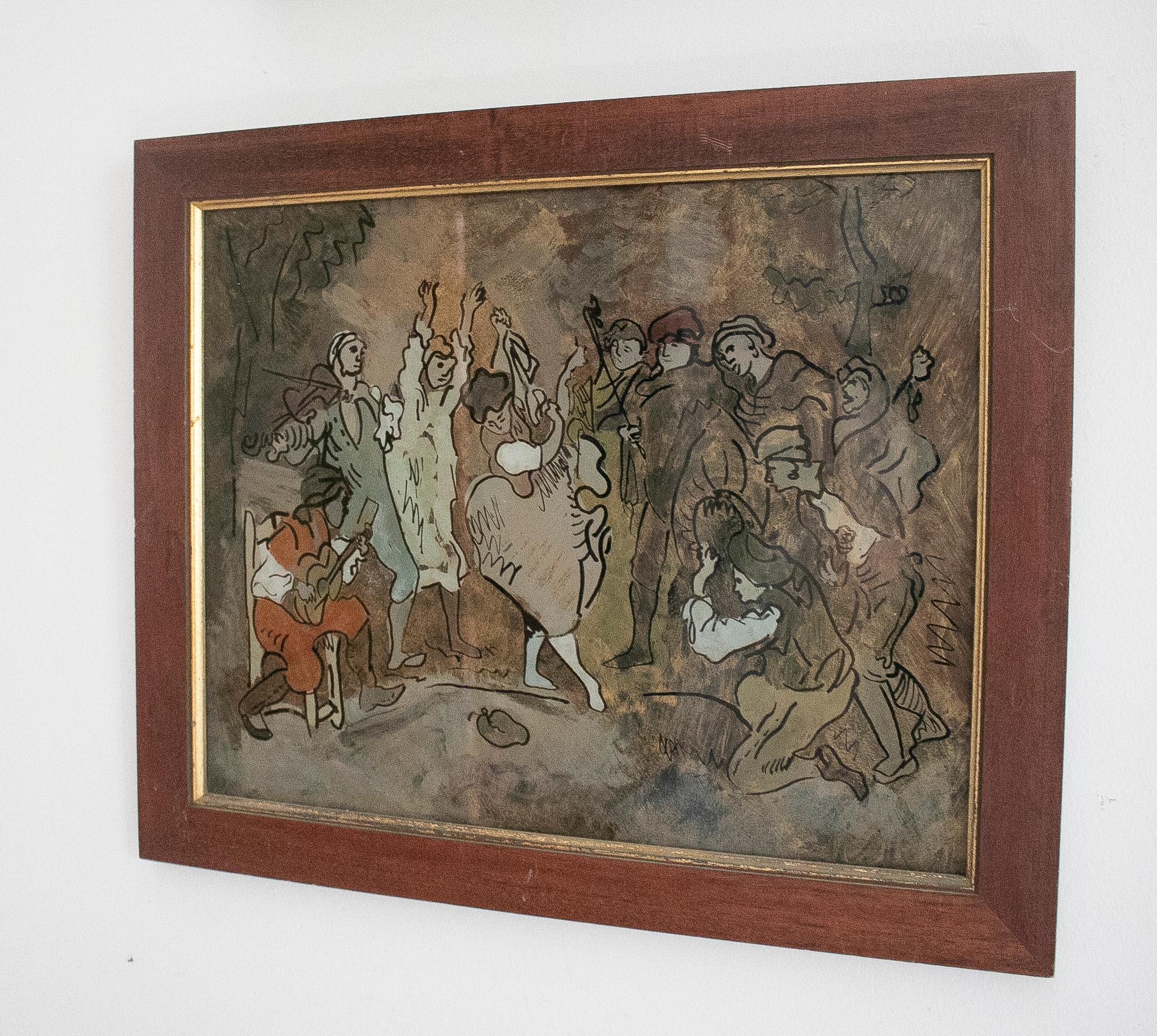 Vintage 1960s Spanish Andalusia flamenco fiesta people painting on glass

Measures with frame: 39x47x1.5cm.
 
