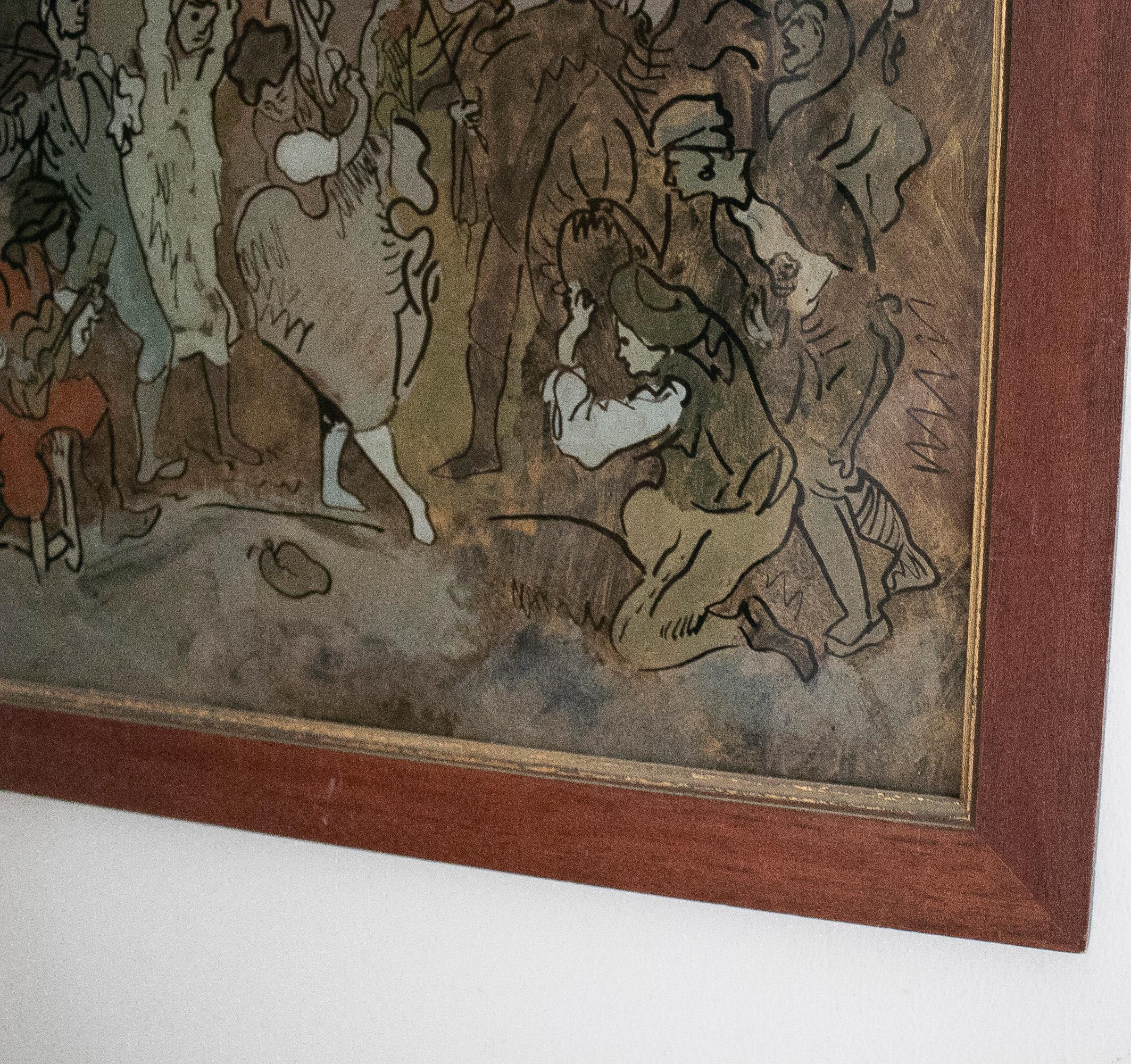 1960 Andalusia spagnola Flamenco Fiesta Pittura su vetro con persone in vendita 1