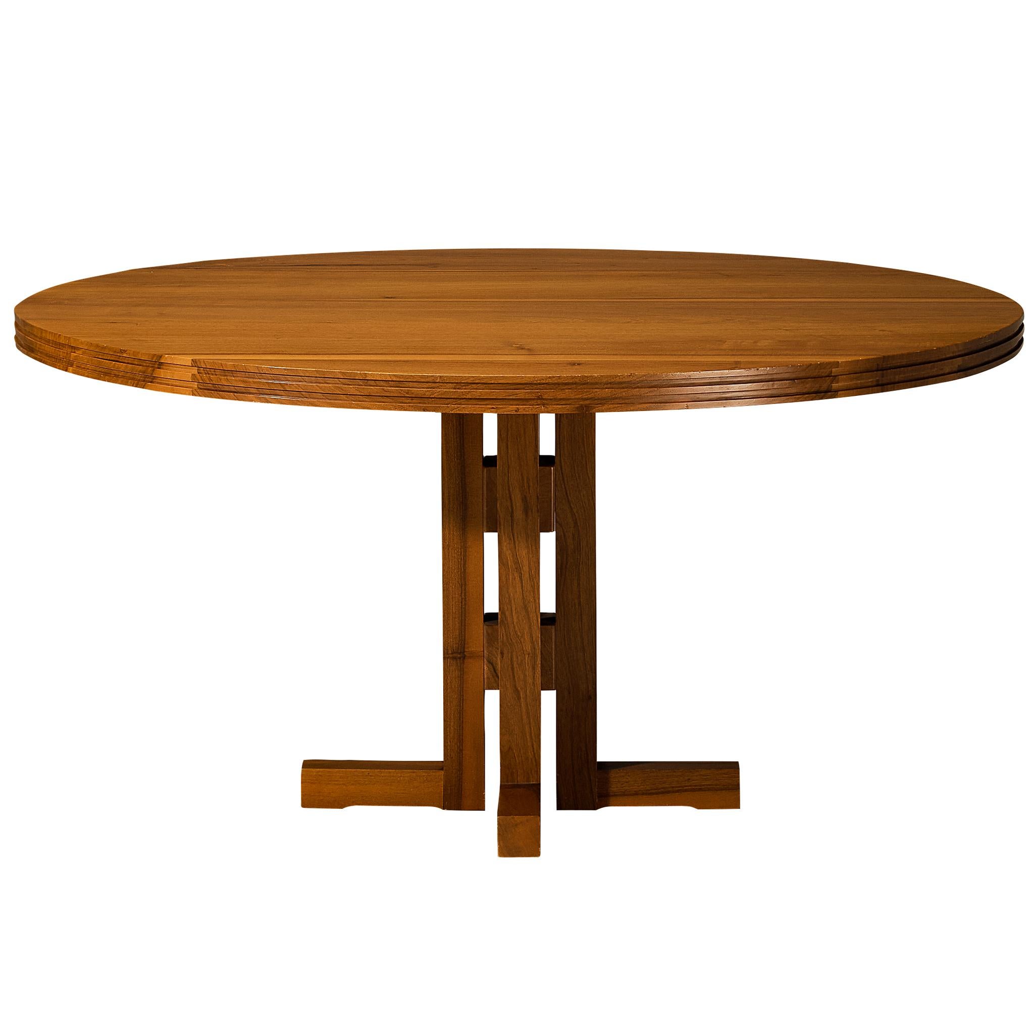 1960s Spanish Architectural Round Walnut Dining Table For Sale