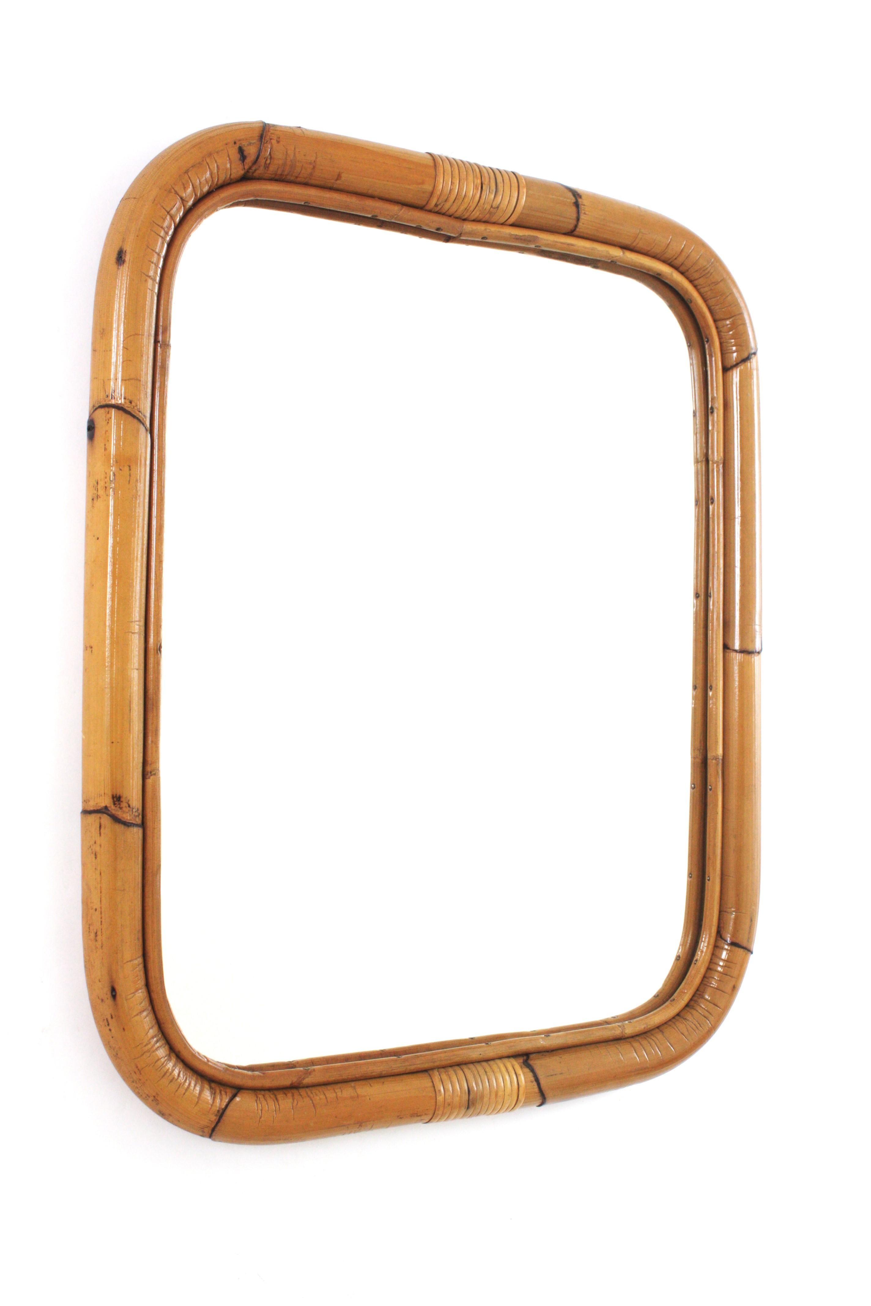 Mid-Century Modern 1960s Spanish Bamboo Rattan Rectangular Mirror For Sale