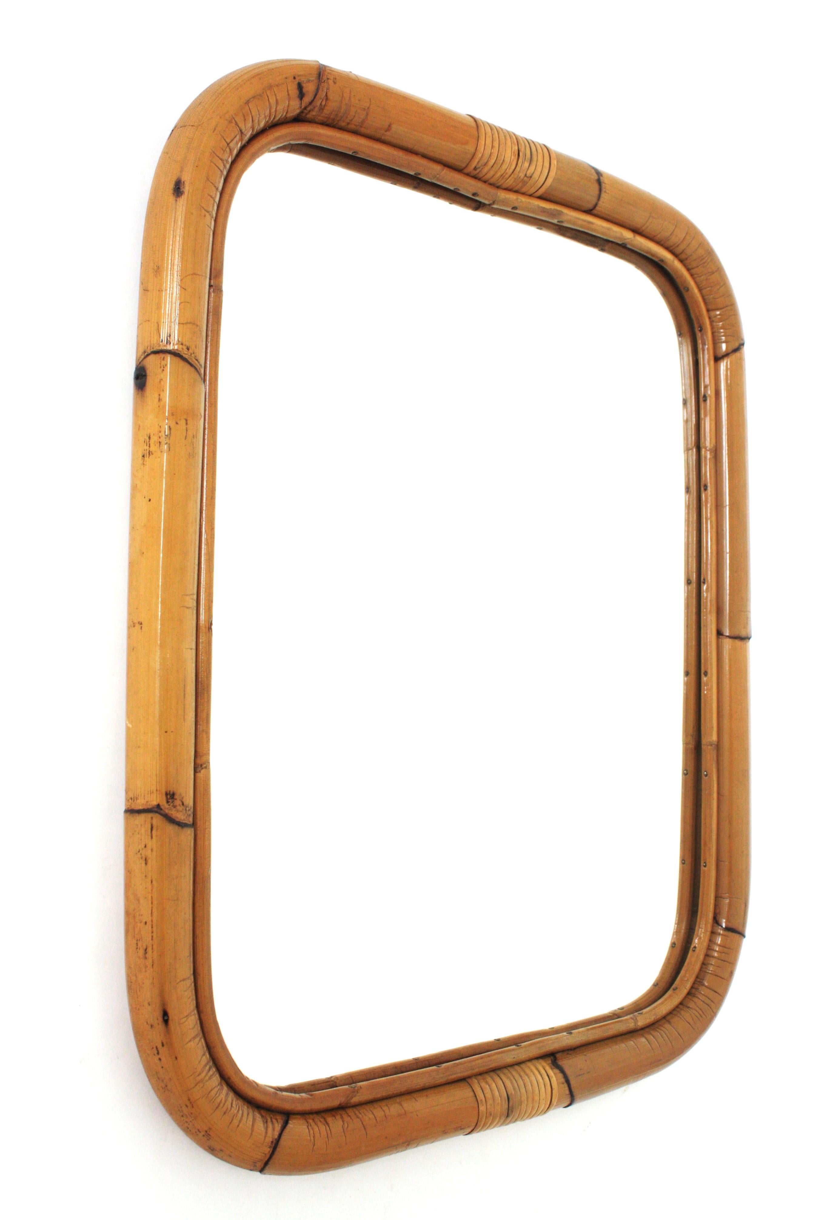 Hand-Crafted 1960s Spanish Bamboo Rattan Rectangular Mirror For Sale