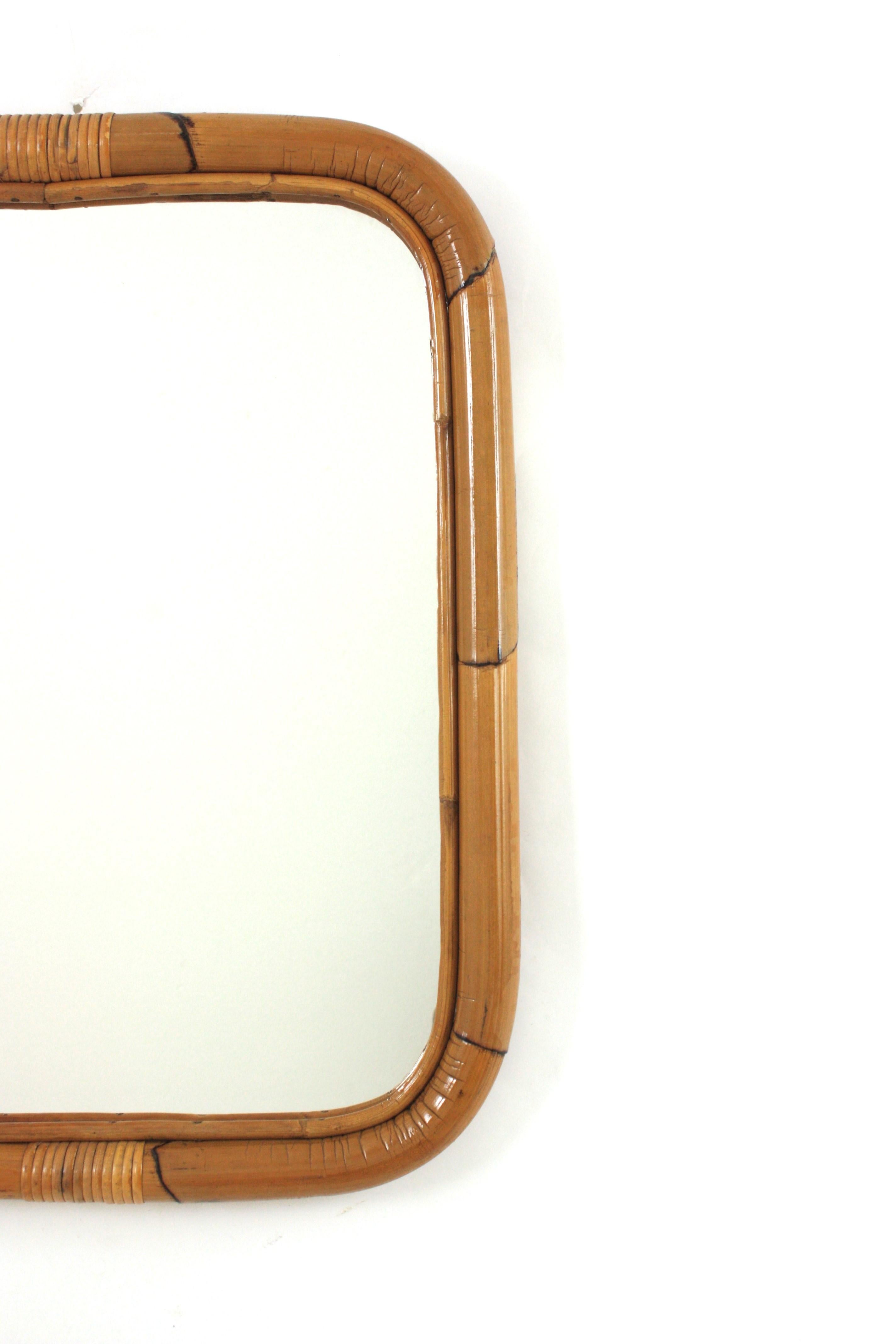 1960s Spanish Bamboo Rattan Rectangular Mirror For Sale 1