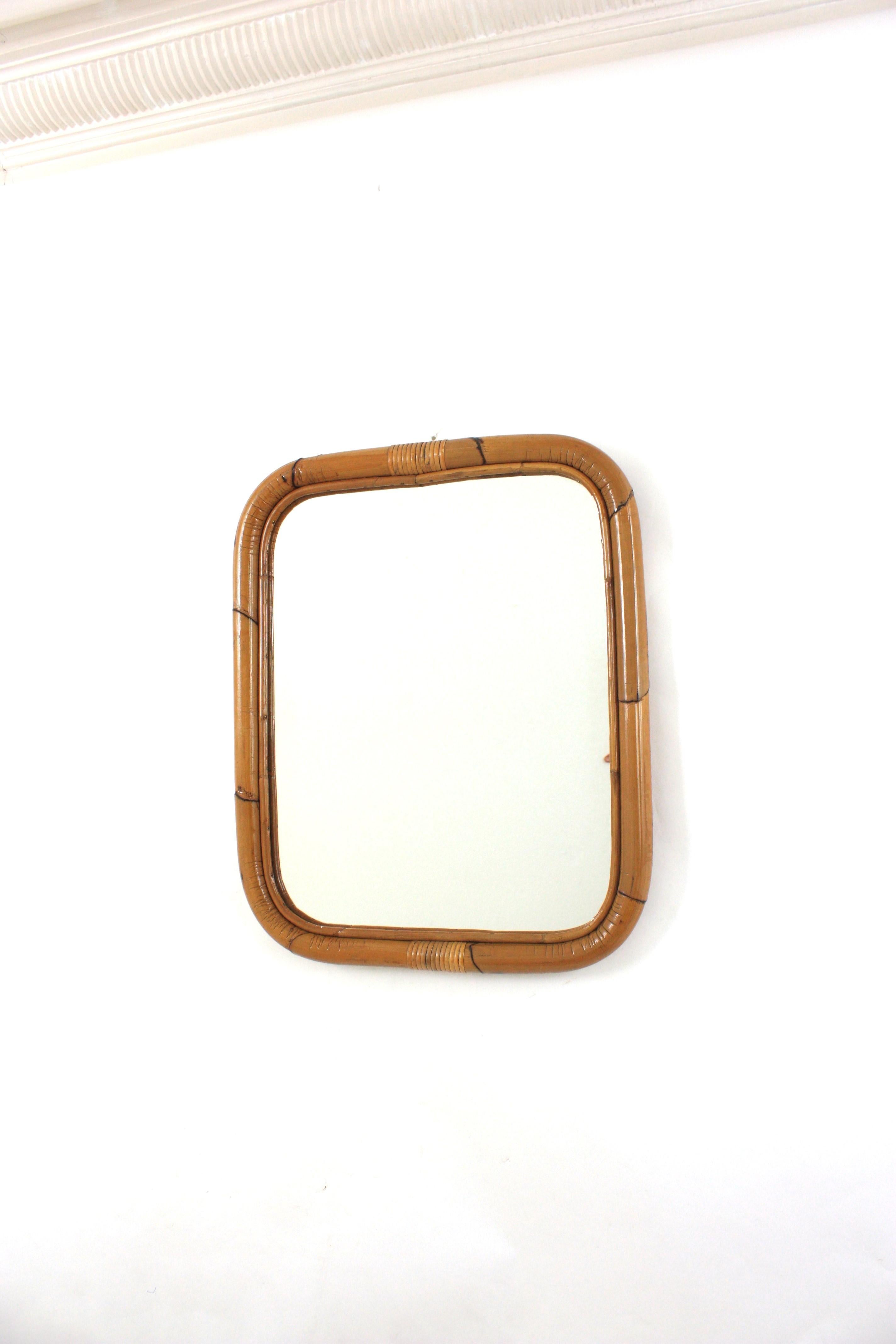 1960s Spanish Bamboo Rattan Rectangular Mirror For Sale 2