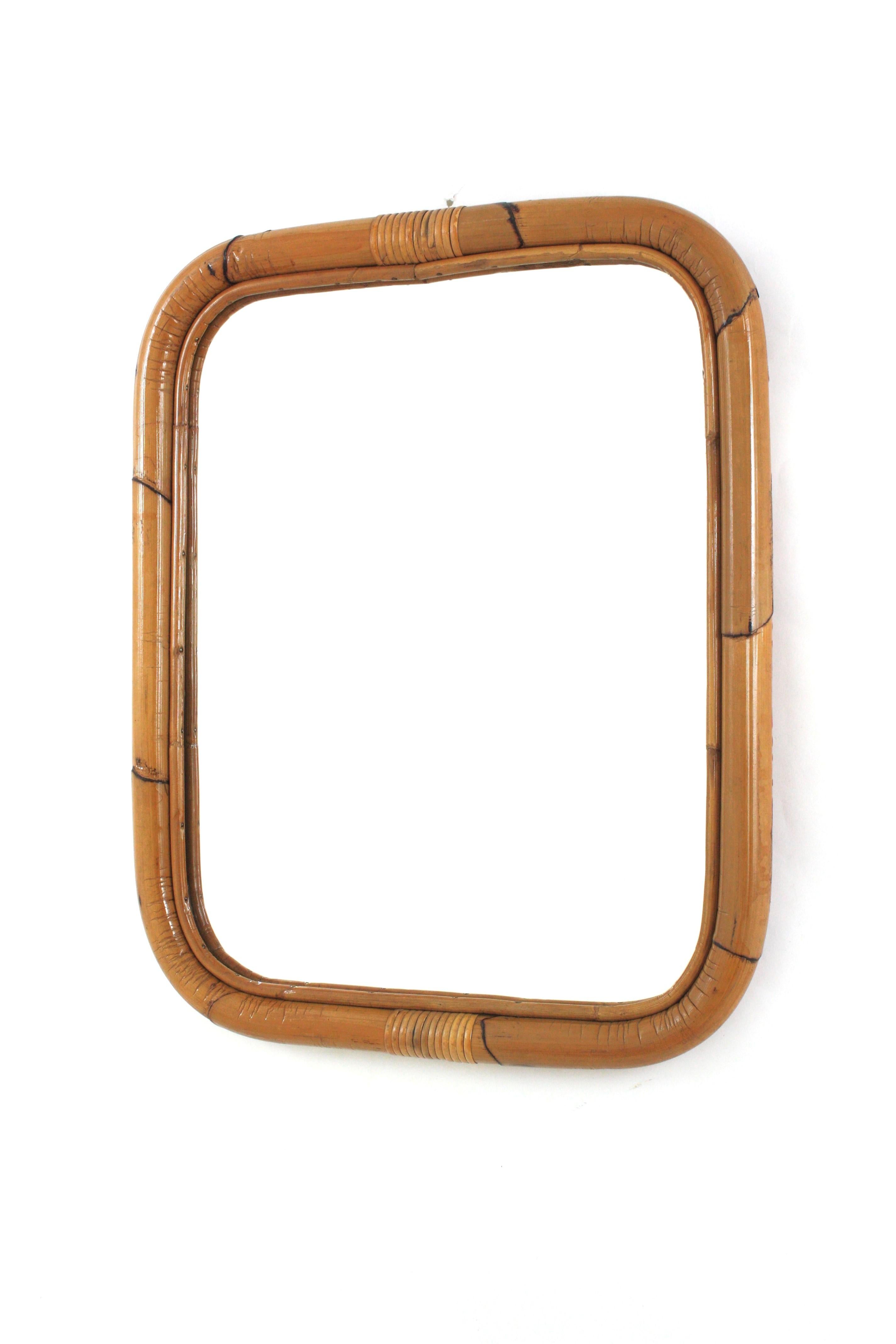 1960s Spanish Bamboo Rattan Rectangular Mirror For Sale 3