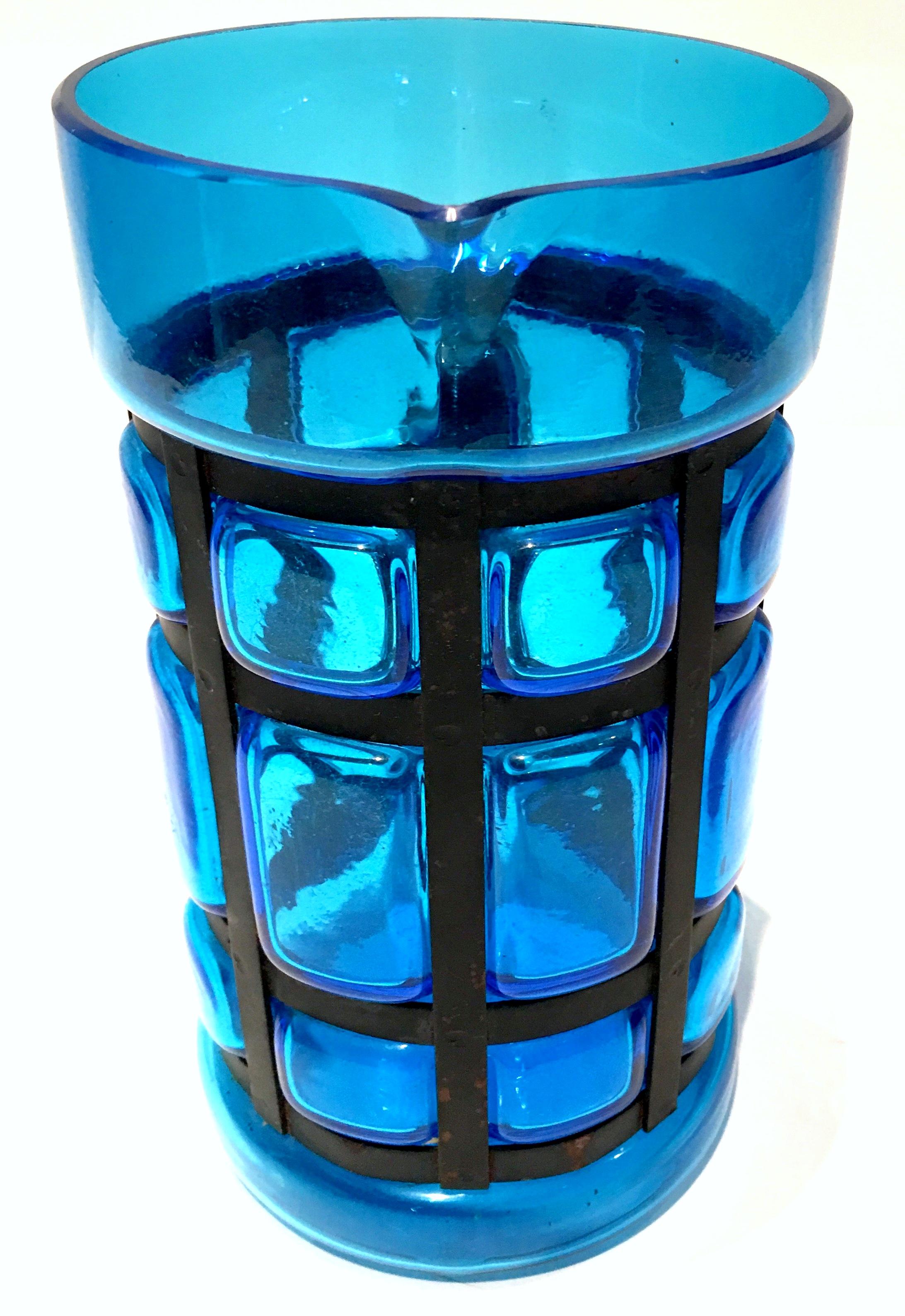 1960'S Spanish Glass and Iron Pillowed Caged Pitcher In Good Condition For Sale In West Palm Beach, FL