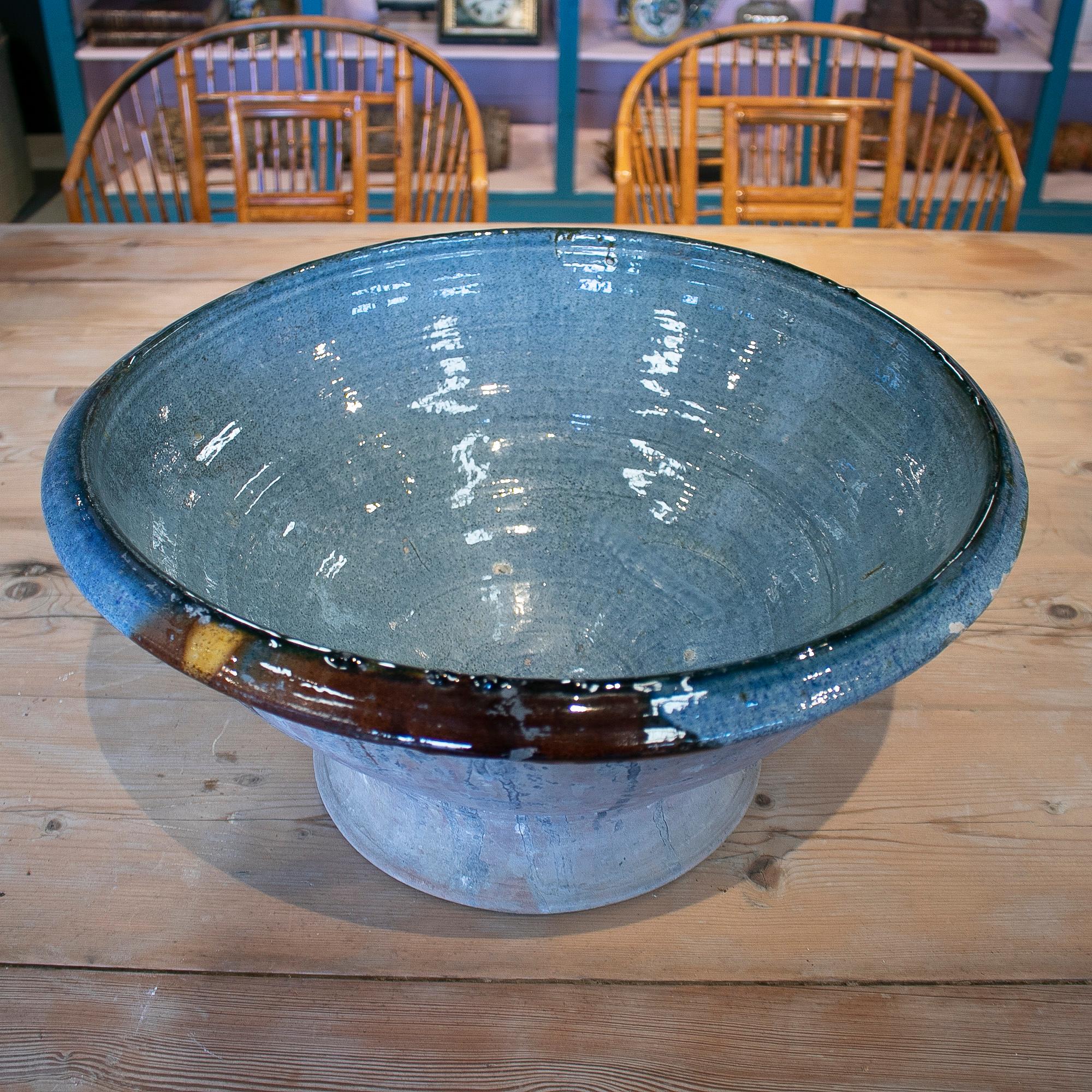 Rustic 1960s Spanish blue glazed ceramic bowl.