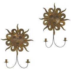 1960s Spanish Brass Sun Face Wall Sconces
