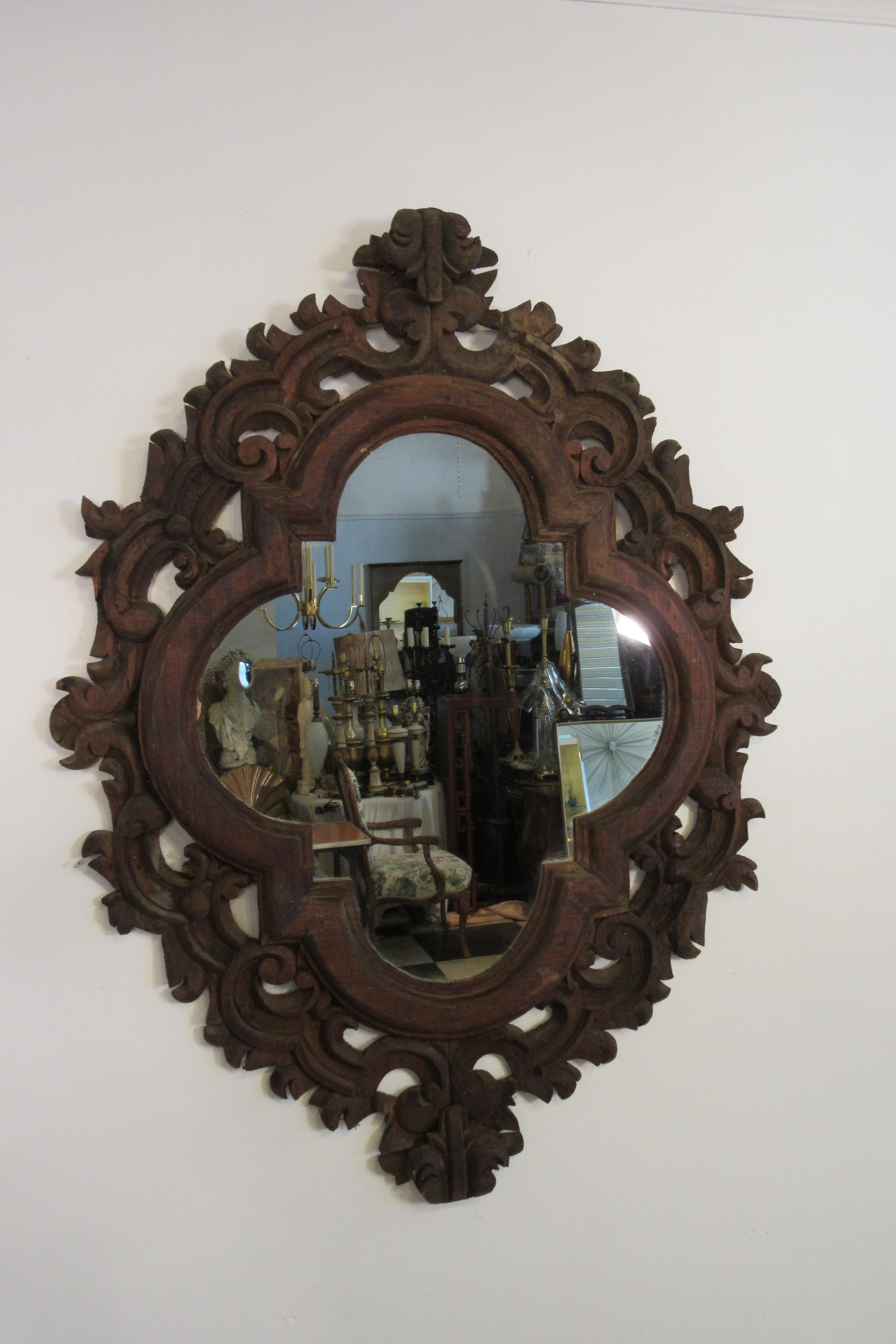 1960s Spanish Carved Wood Mirror In Good Condition In Tarrytown, NY