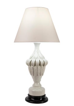 1960s Spanish Ceramic Table Lamp, Elegant Plant Motif, White Glaze, Manises
