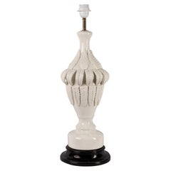 1960s Spanish Ceramic Table Lamp, Elegant Plant Motif, White Glaze, Manises