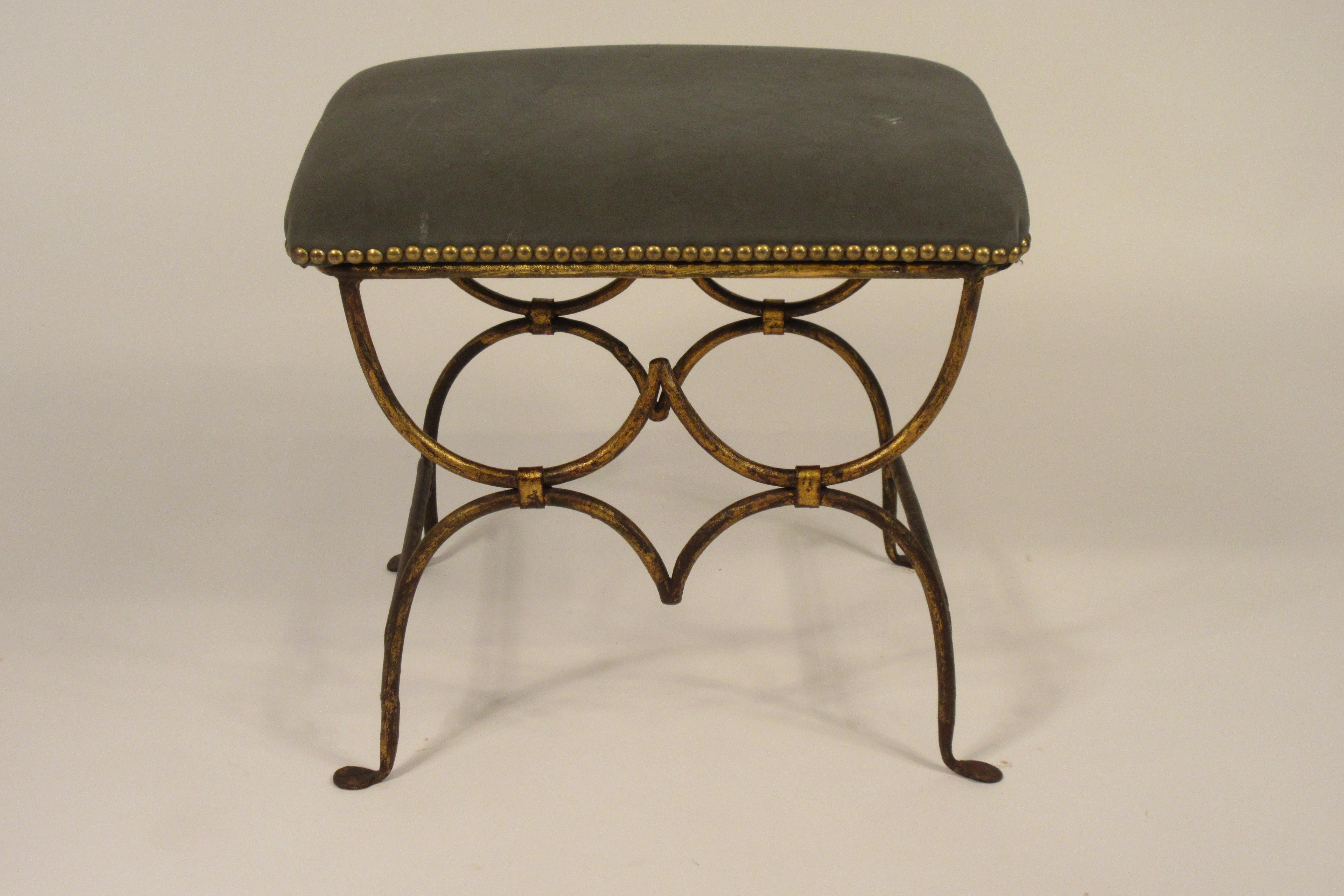 1960s Spanish gilt iron bench. Seat is not attached. Original upholstery.