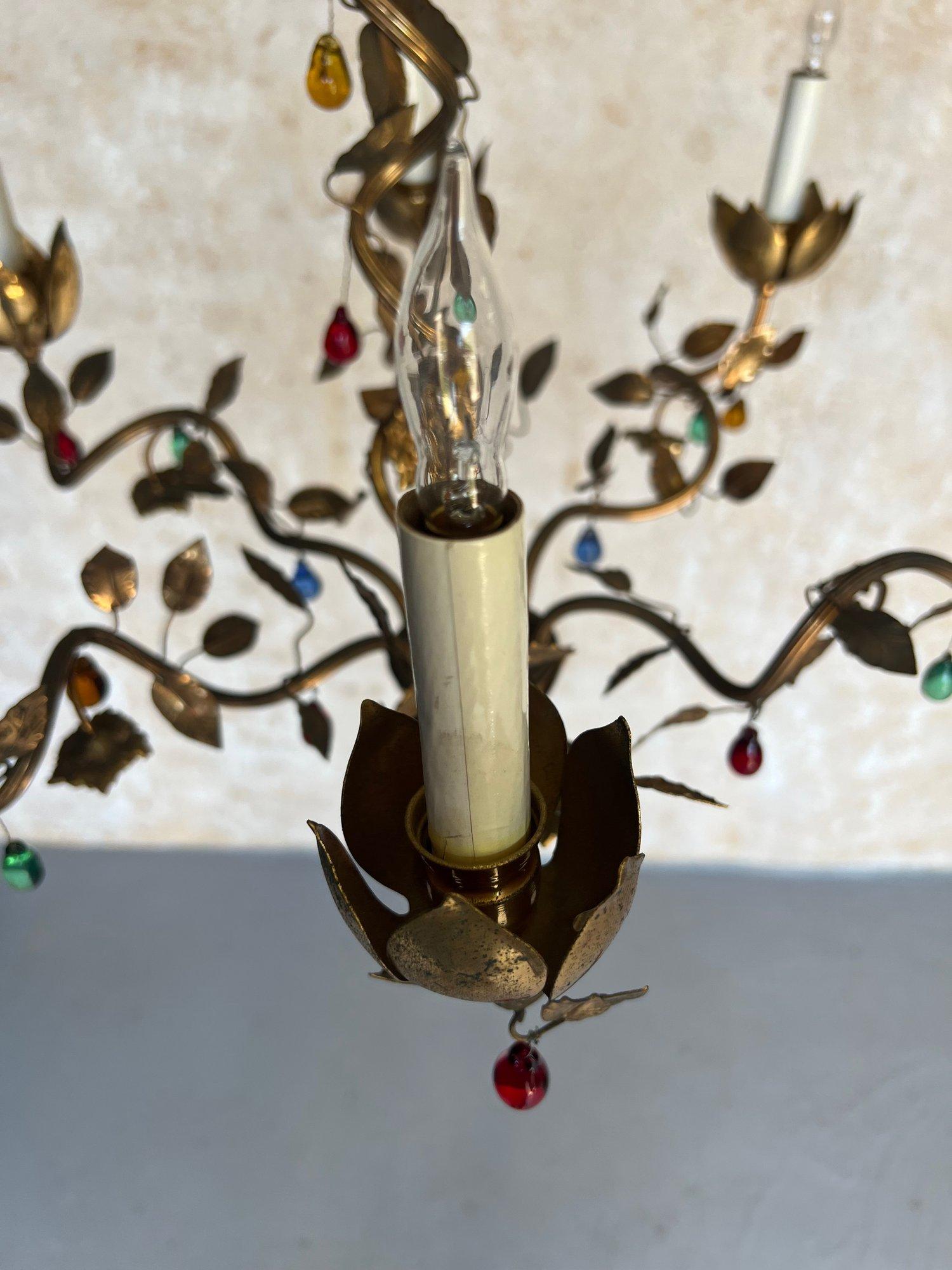1960's Spanish Gilt Metal Chandelier with Colored Glass For Sale 5