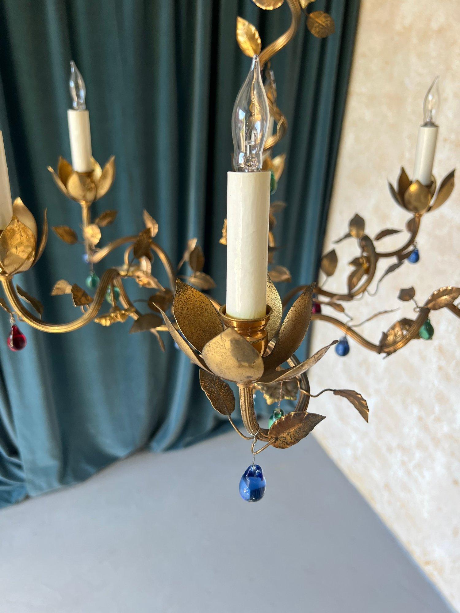 1960's Spanish Gilt Metal Chandelier with Colored Glass For Sale 6