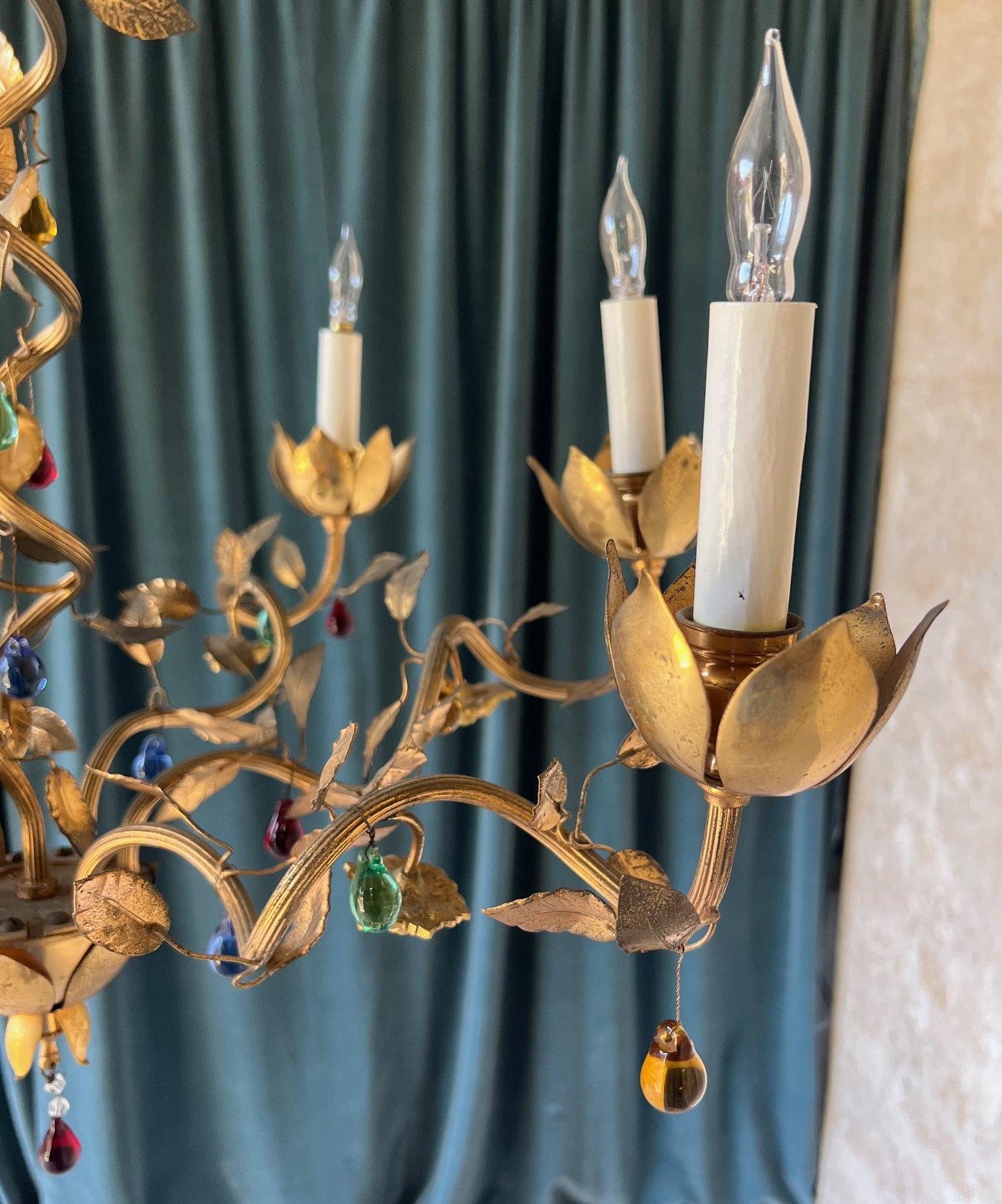 1960's Spanish Gilt Metal Chandelier with Colored Glass For Sale 7