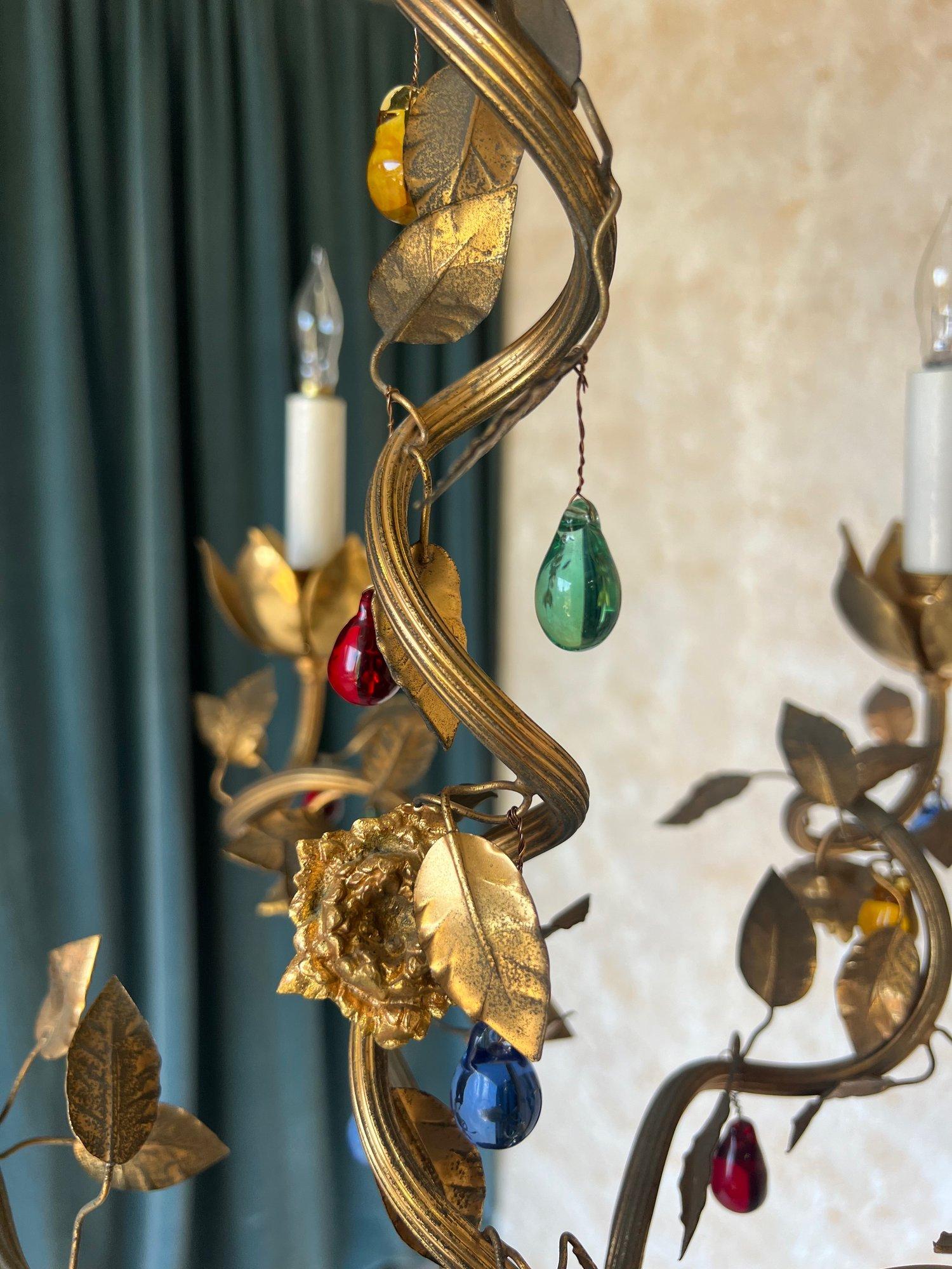 1960's Spanish Gilt Metal Chandelier with Colored Glass For Sale 8