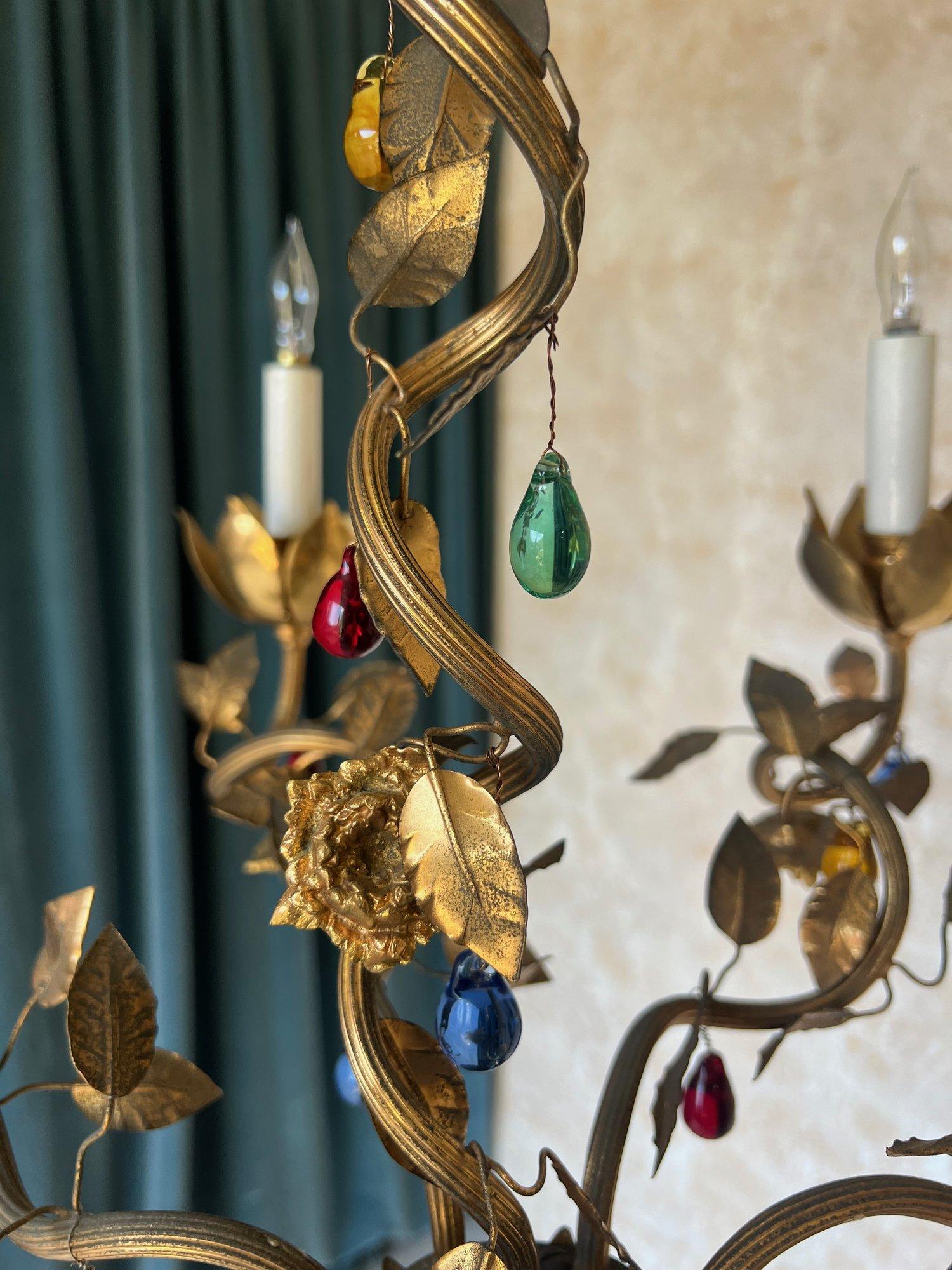 1960's Spanish Gilt Metal Chandelier with Colored Glass For Sale 9